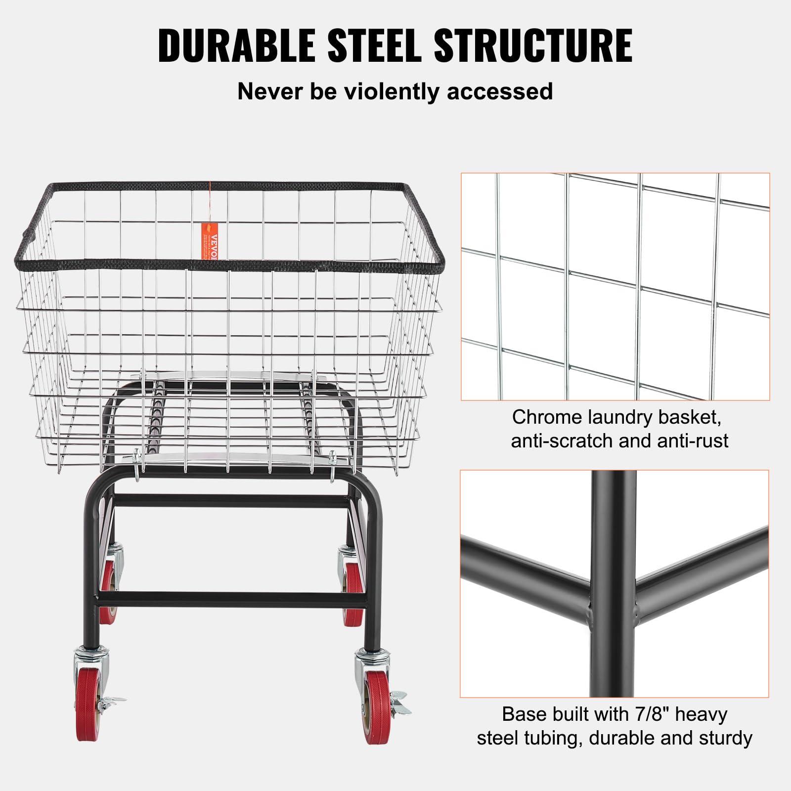 VEVOR Wire Laundry Cart, 2.8Bushel Wire Laundry Basket with Wheels, 26.7''x21.7''x26.4'' Commercial Wire Laundry Basket Cart, Steel Frame with Chrome Finish, 4" Casters - Image 4