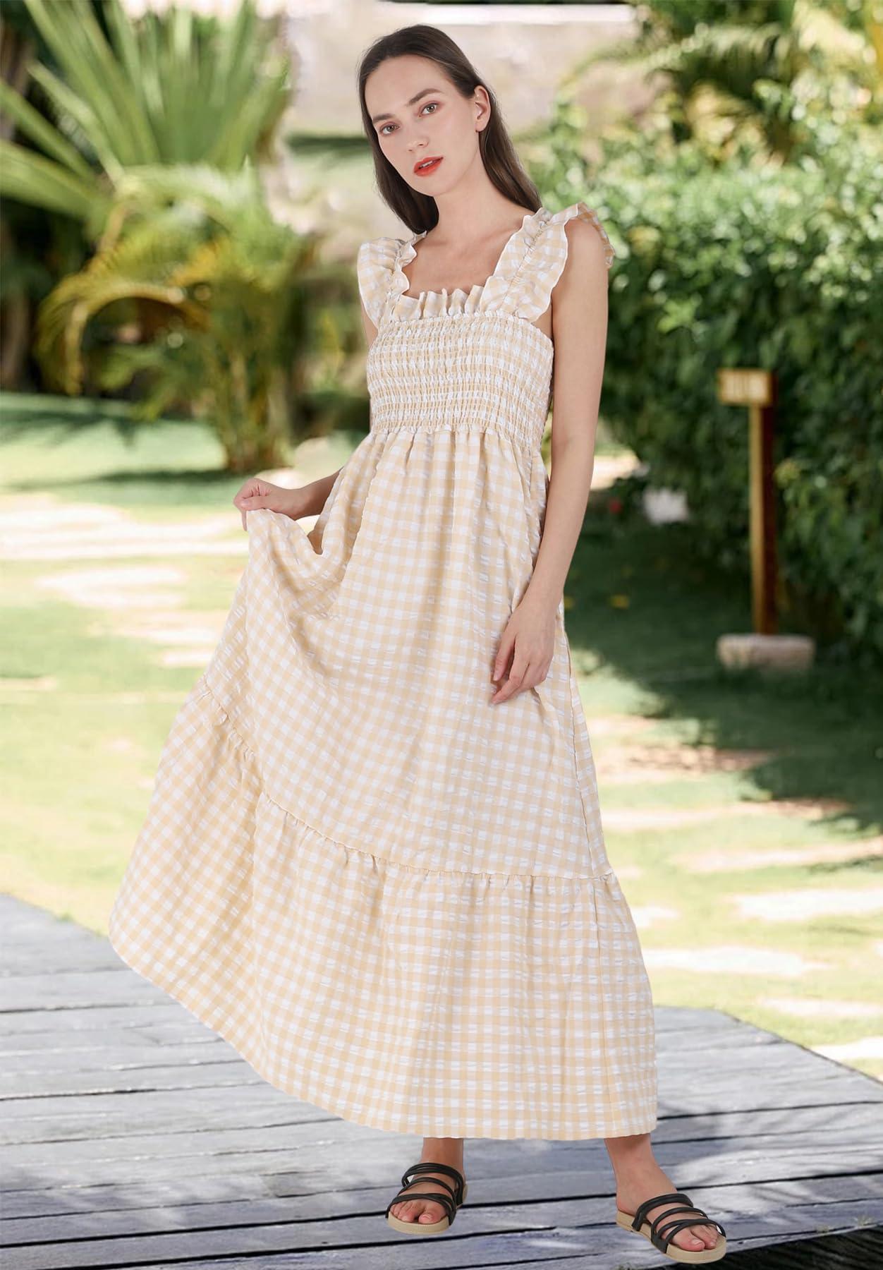 chouyatou Women's Retro Plaid Smocked Dress Spaghetti Strap Flounce Long Dress - Image 3