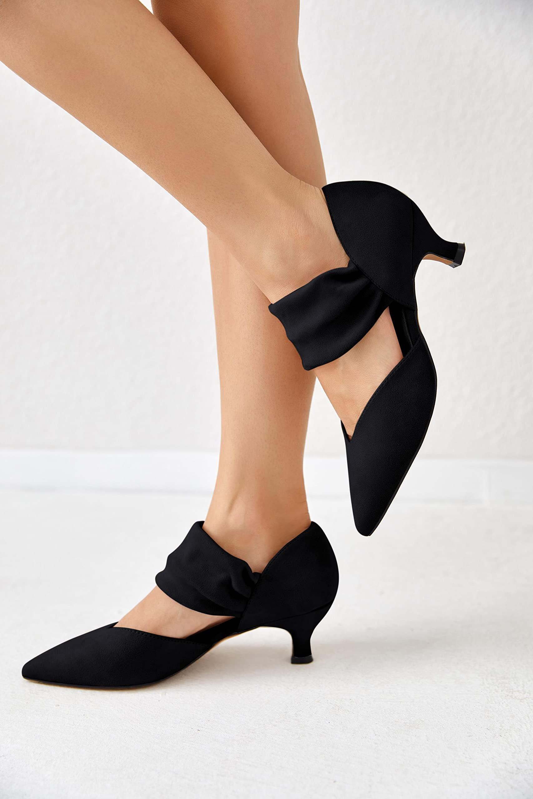 Coutgo Womens Low Kitten Heel Dress Shoes Pointed Toe Slip on Ankle Strap Cutout Elegant Party Wedding Pumps - Image 3