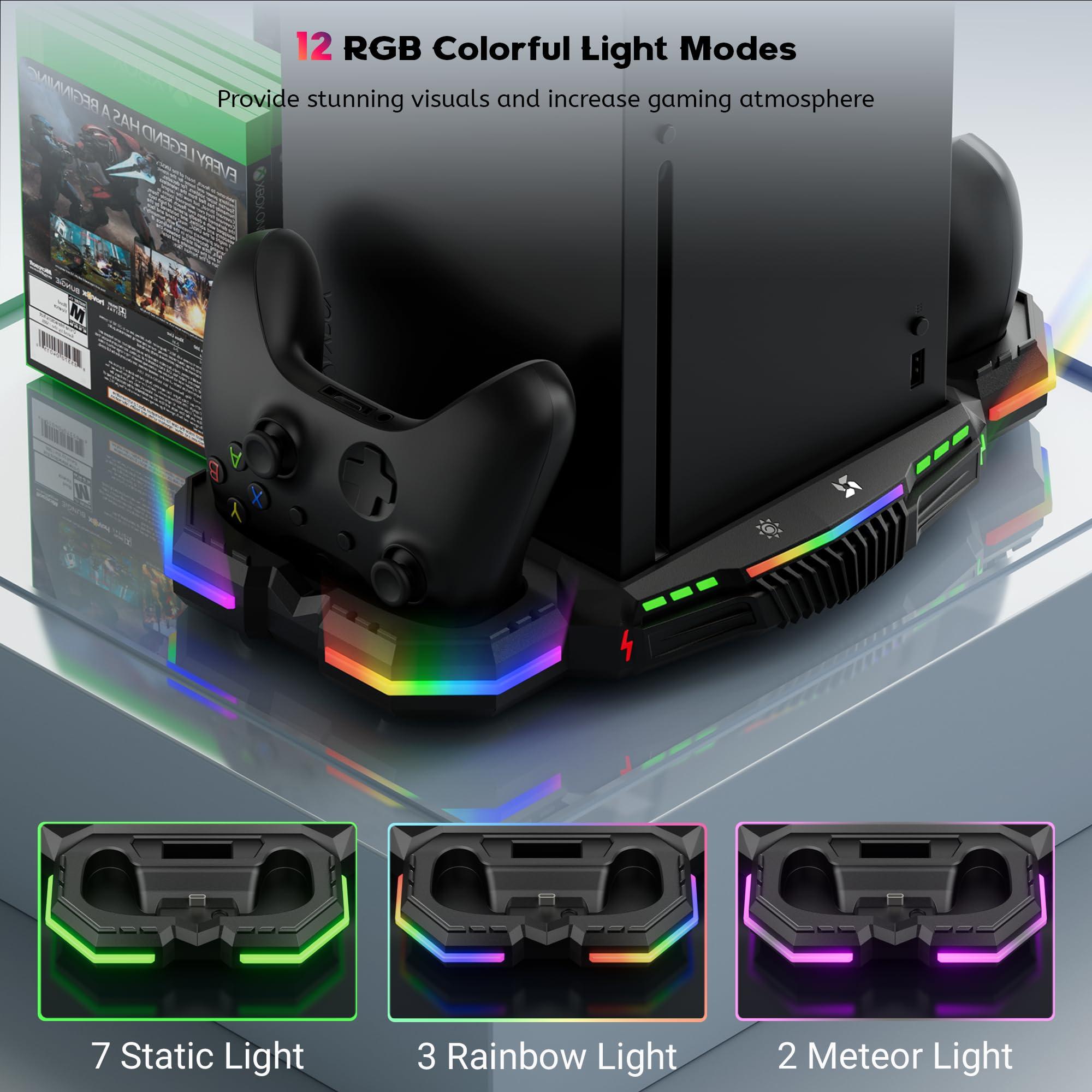 Cooling Fan Charging Stand for Xbox Series X Console and Controller - Vertical Cooler System & Charger Station with 15 RGB Light Modes, 2 Batteries and 3 Holders for Xbox Series X Accessories Storage - Image 4