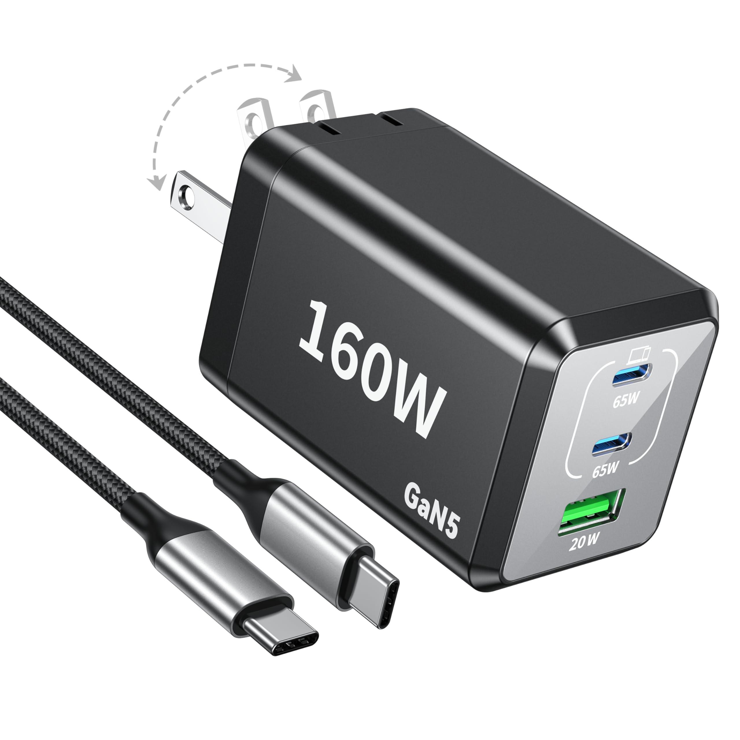 160W USB C Fast Charger Compact Foldable 3 Port Charging Station Hub Brick Block PD PPS 65W Laptop Charger for iPhone 16 16Pro Max MacBook Pro/Air/iPad Pro/Galaxy S24/Note 22/Dell XPS