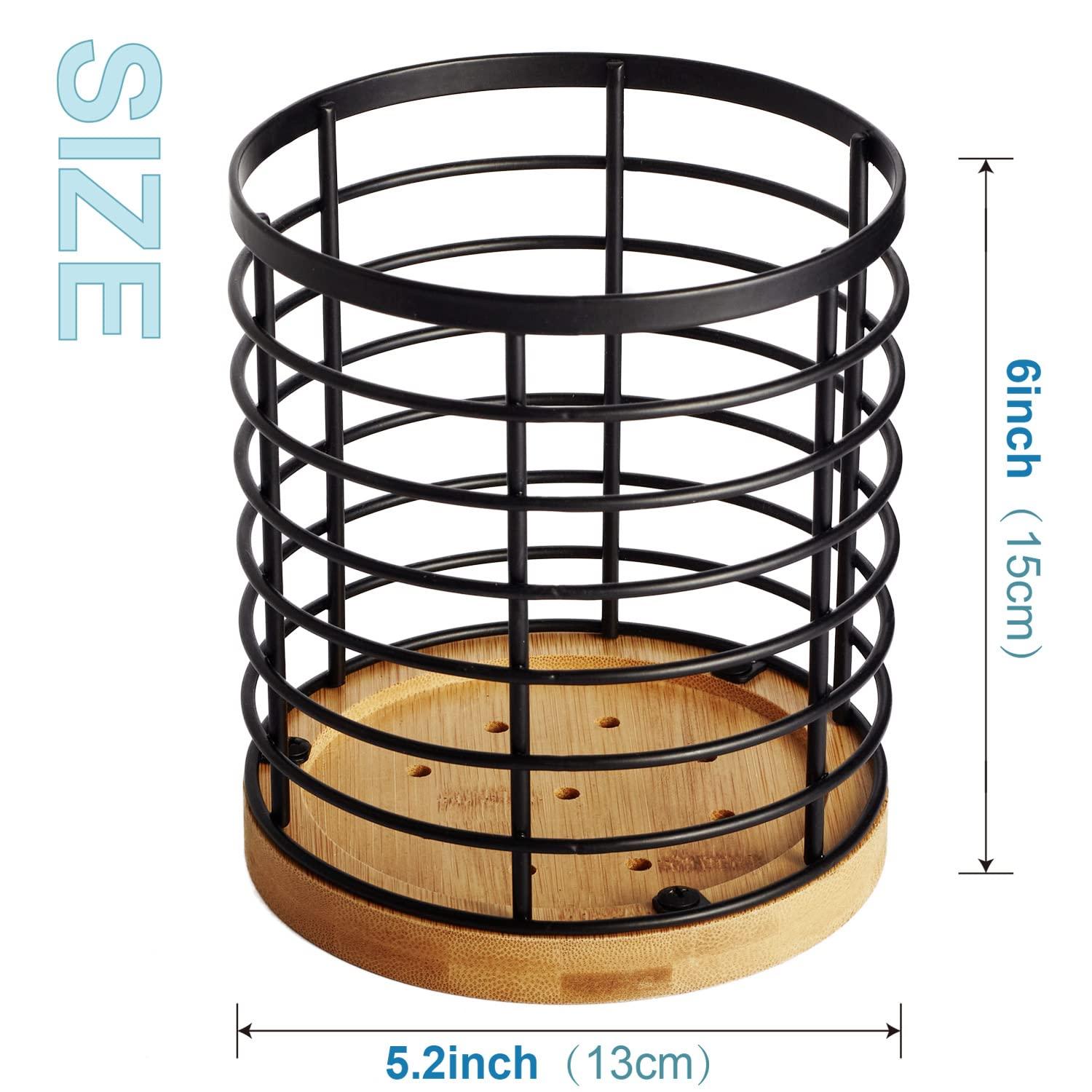WDT Tool Utensil holder for Kitchen Counter - 5.2" x 5.2" x 6" Large Round with Wooden Base Matte Black Cooking Utensil Holder Utensil Organizer (Metal+Bamboo) - Image 3