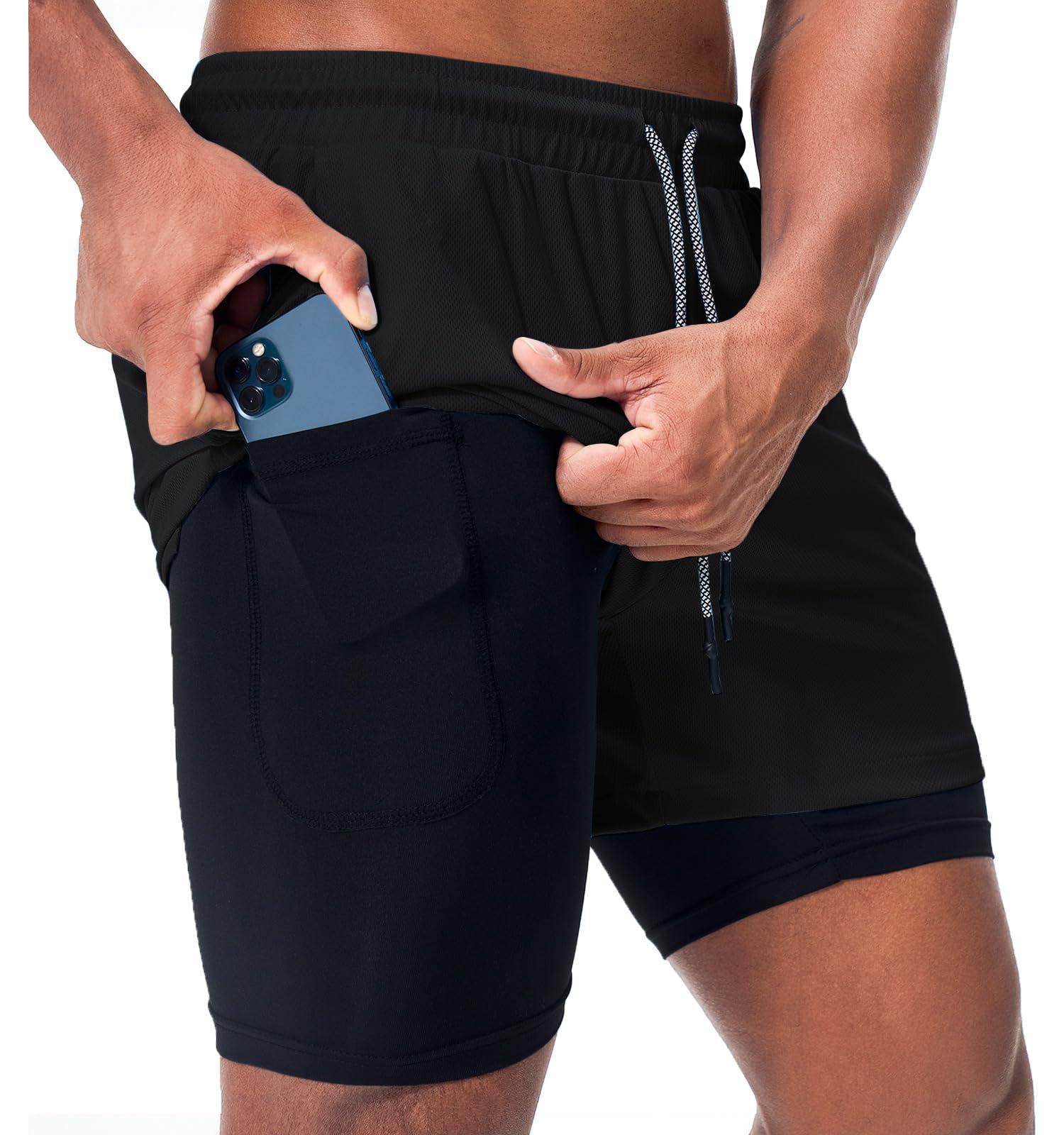 Surenow Men's Running Shorts Quick Dry Workout Gym Shorts Athletic 2-in-1 Stealth Shorts Outdoor Short for Men with Pockets