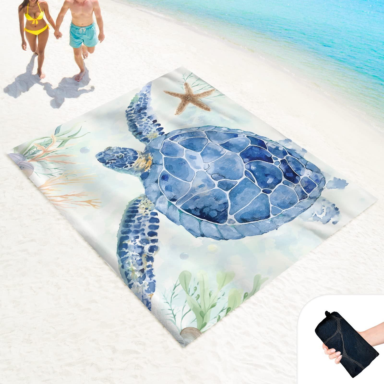 LkDiramio Beach Blanket Sand Proof Waterproof Oversized 100" x 80" Sand Free Mat with Corner Pockets and Mesh Bag for Outdoor, Picnic, Travel, Beach Accessories Portable, Watercolor Turtle