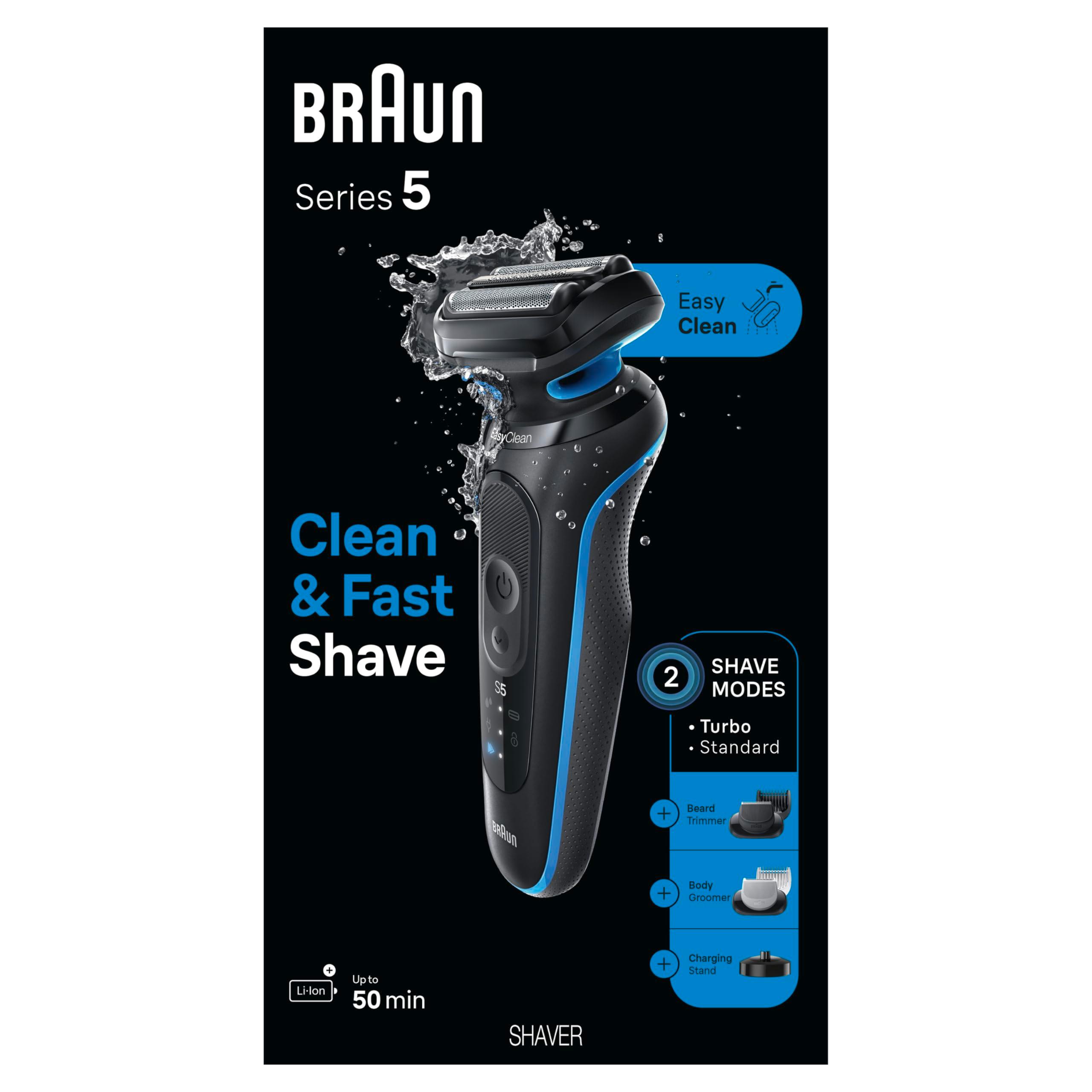 Braun Electric Shaver for Men, Series 5 5150cs, Wet & Dry Shave, Turbo Shaving Mode, Foil Shaver, with Beard Trimmer, Body Groomer and Charging Stand, Blue - Image 8