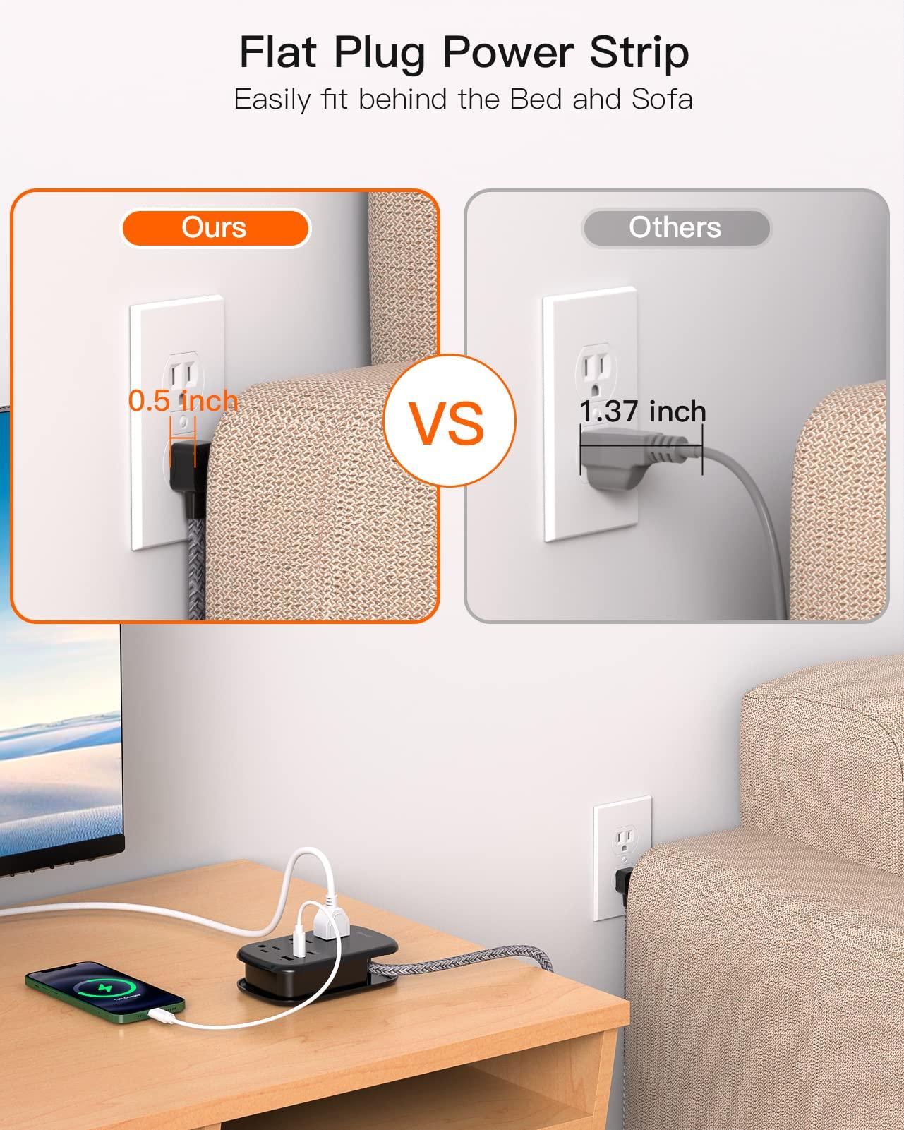 USB C Travel Power Strip, BESHON Ultra Flat Extension Cord, Flat Plug Power Strip, 3 Outlets with 3 USB Ports(2 USB C), 3.2ft Wrapped Around Extension Cord for Cruise Ship, Travel Essentials, Black - Image 2