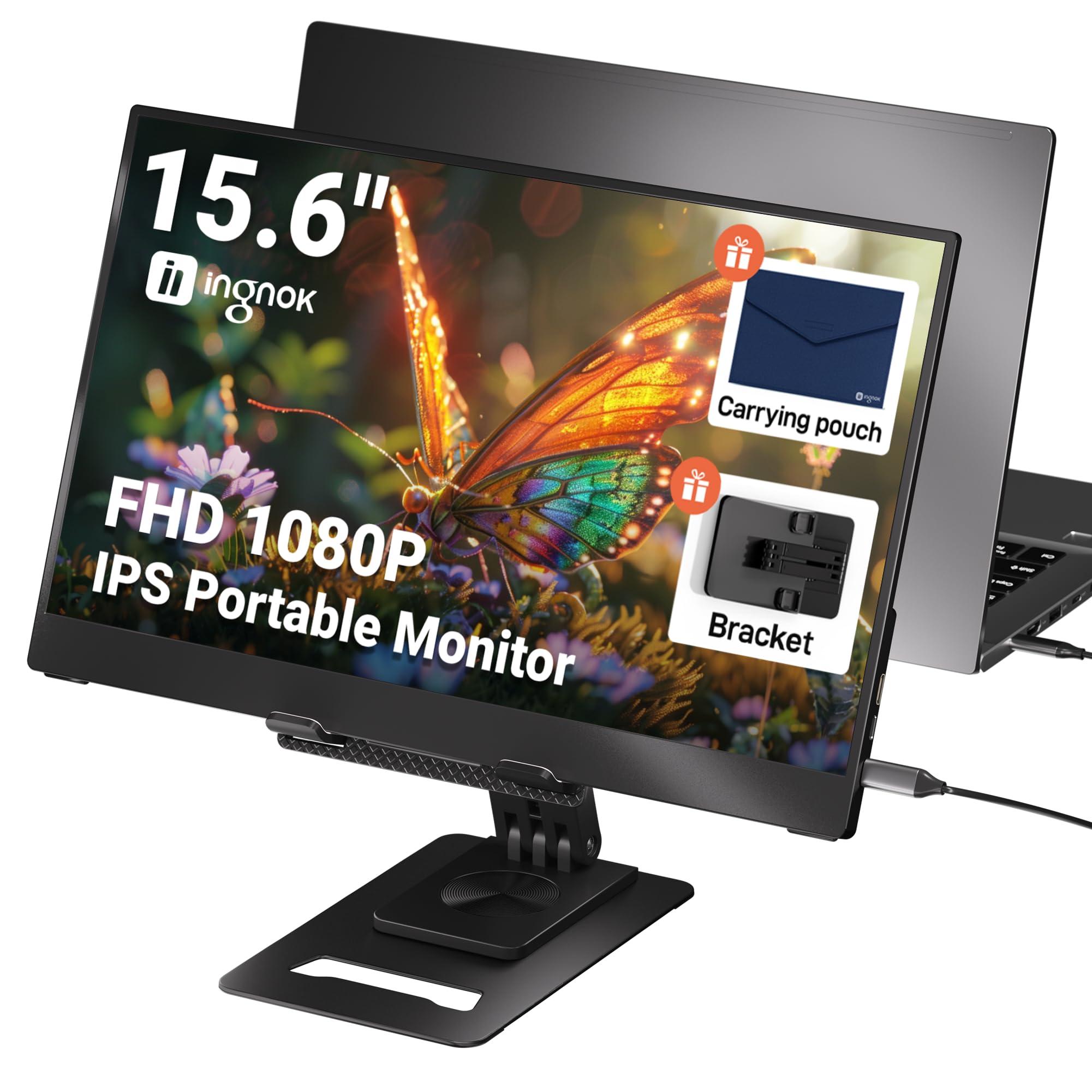 Ingnok Portable Monitor, Ultra Slim 15.6 Inch FHD IPS Laptop Screen Extender with Adjustable Stand, USB C Compatible, Ideal for Travel and Office