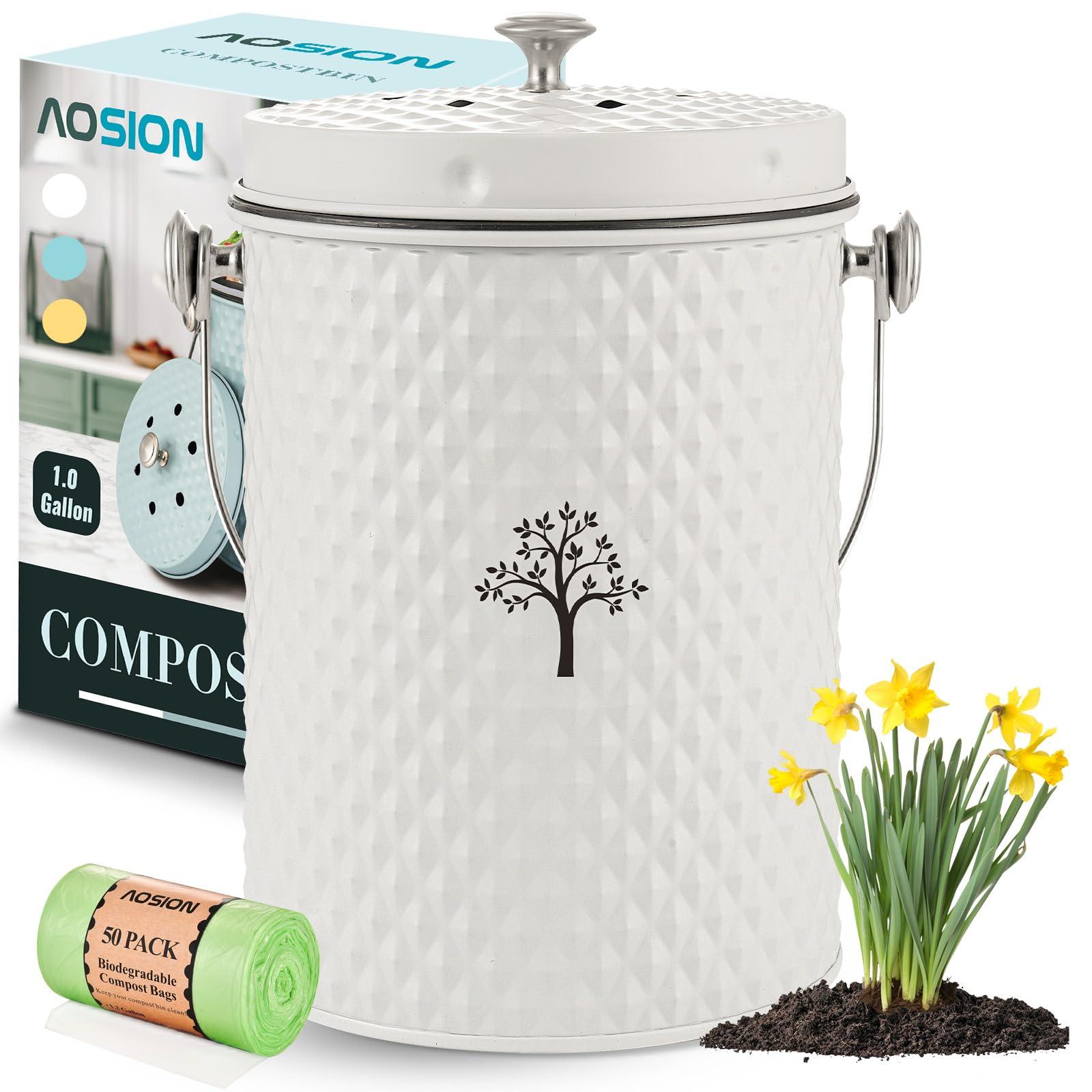 AOSION Countertop Compost Bin Kitchen,Odorless Indoor Compost Bin with Lid and Compost Bags,Compost Bucket Composter Container for Food Waste,Creamy White