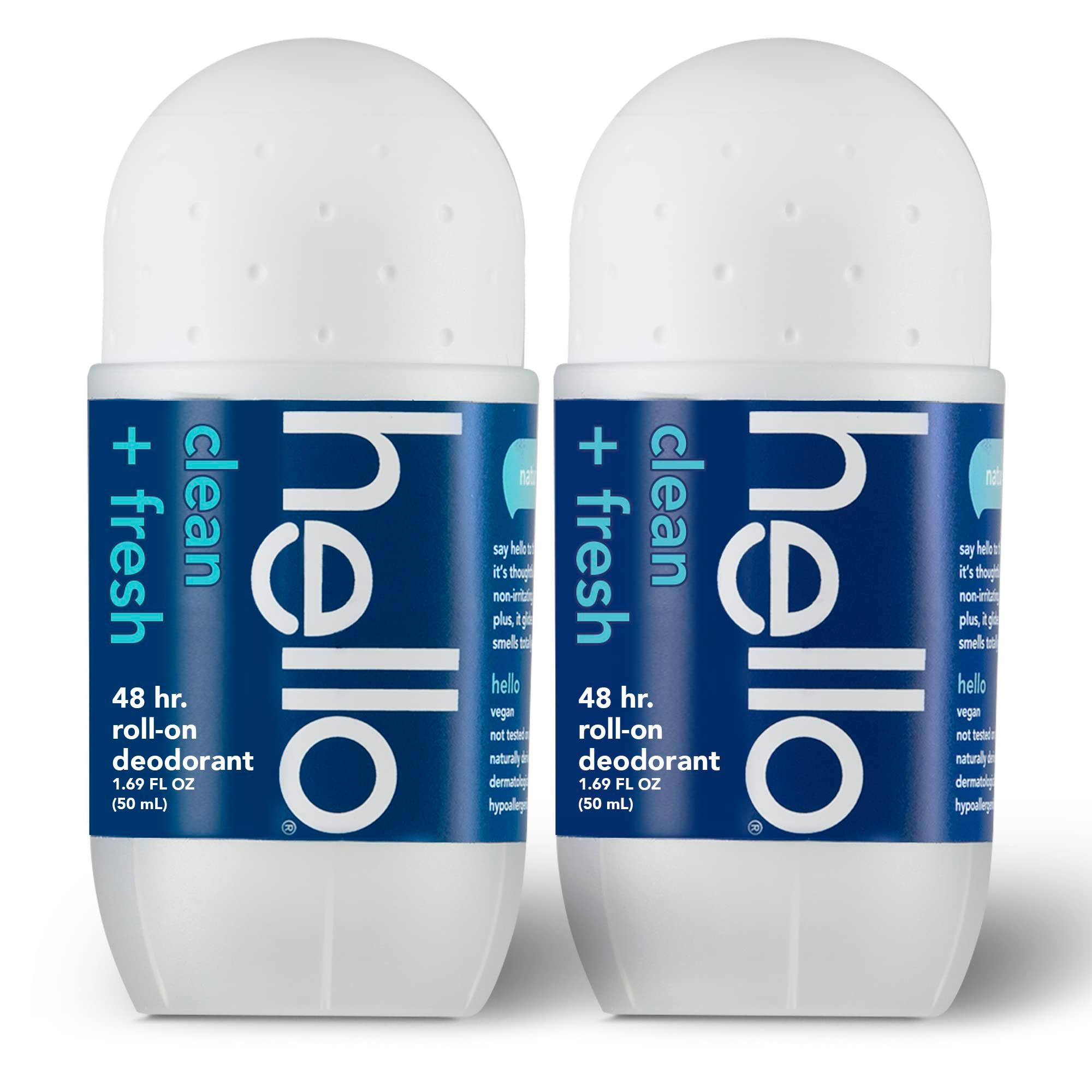 Hello Clean & Fresh Roll On Deodorant, Aluminum Free Deodorant for Women + Men, 48 Hour Non Sticky Formula, Dries Quick and Leaves No White Residue, Travel 2 Pack, 1.69 oz Tubes