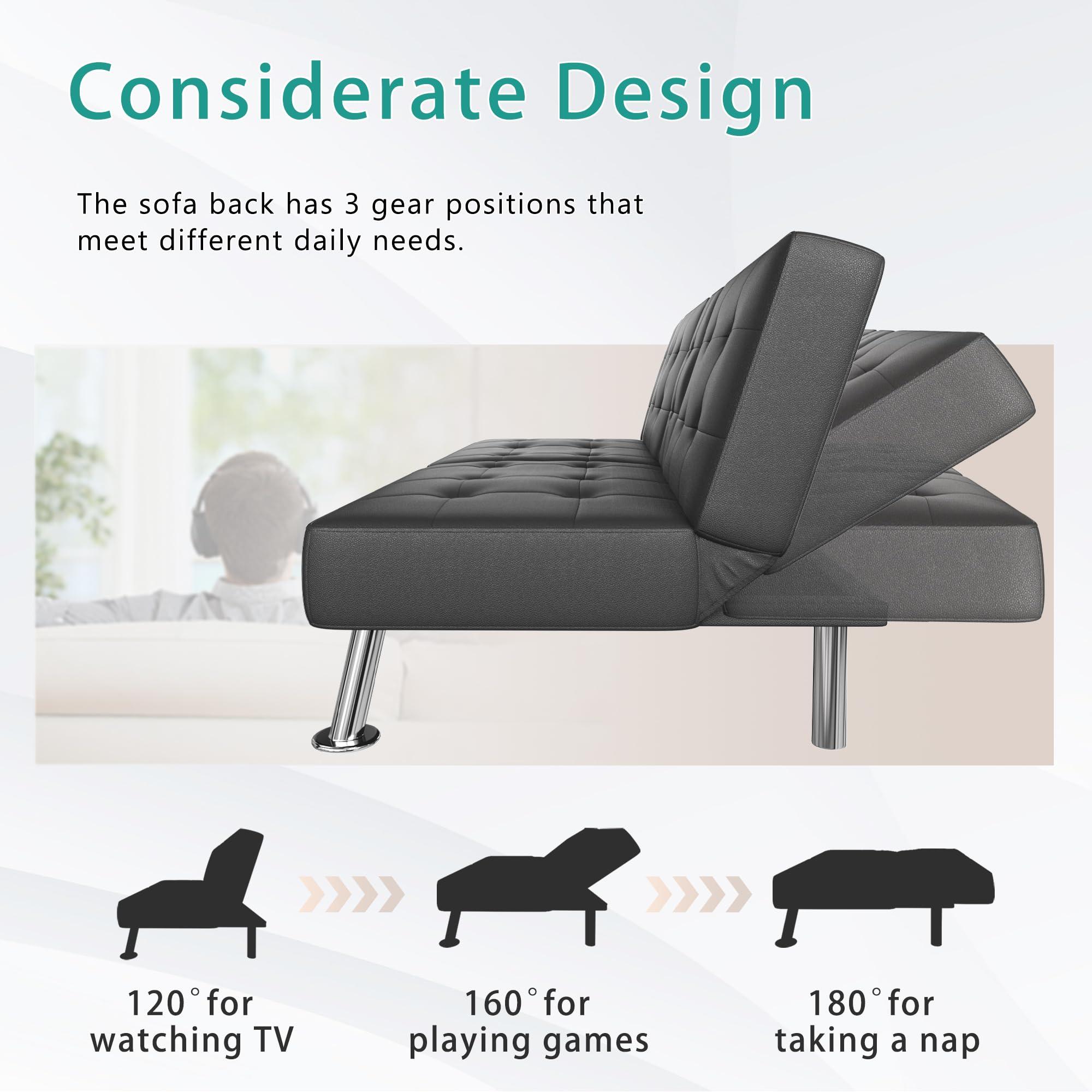 Flamaker Futon Sofa Bed Modern Folding Futon Set Convertible Recliner Lounge for Living Room with 2 Cup Holders, Removable Armrests (PU Leather, Black) - Image 6
