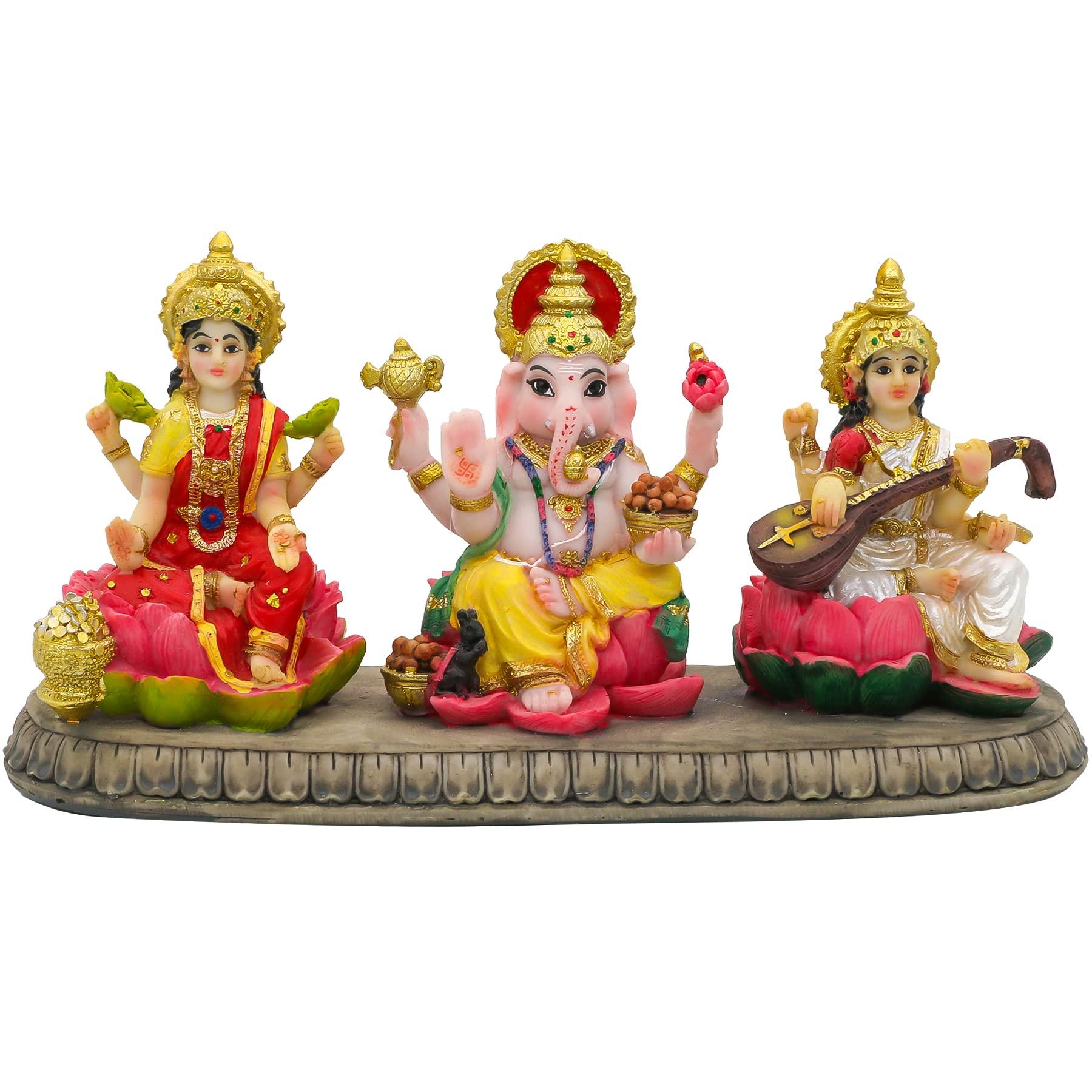 India Laxmi Ganesh Saraswati Statue - 3.9”H Indian God Lakshmi Ganesha Saraswati Idol Figurine Hindu Diwali Gifts Diwali Decoration Home Office Mandir Temple Pooja Item
