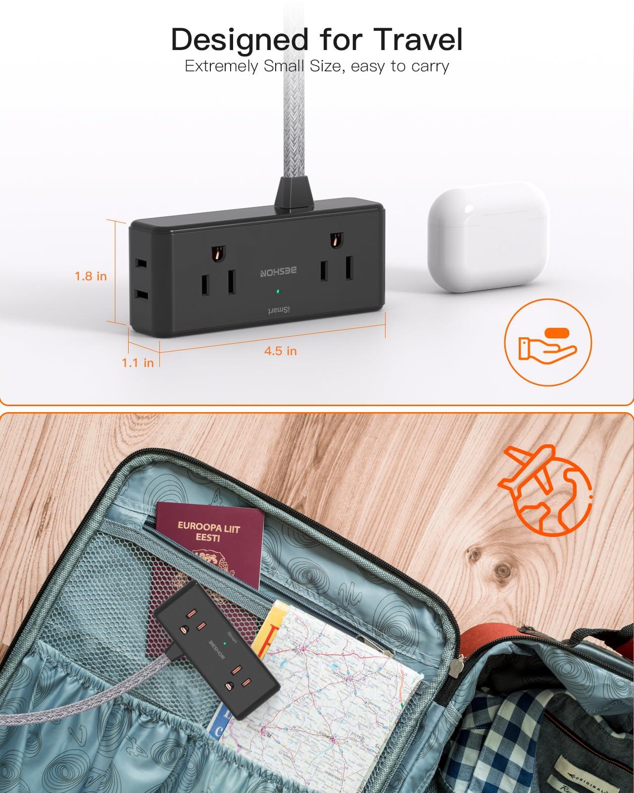 Extension Cord 10 ft, BESHON Flat Plug Power Strip, 4 Widely Outlets with 3 USB Ports (2 USB C), Extension Cord with Multiple Outlets for Home, Office, Dorm Room Essentials, Black - Image 5