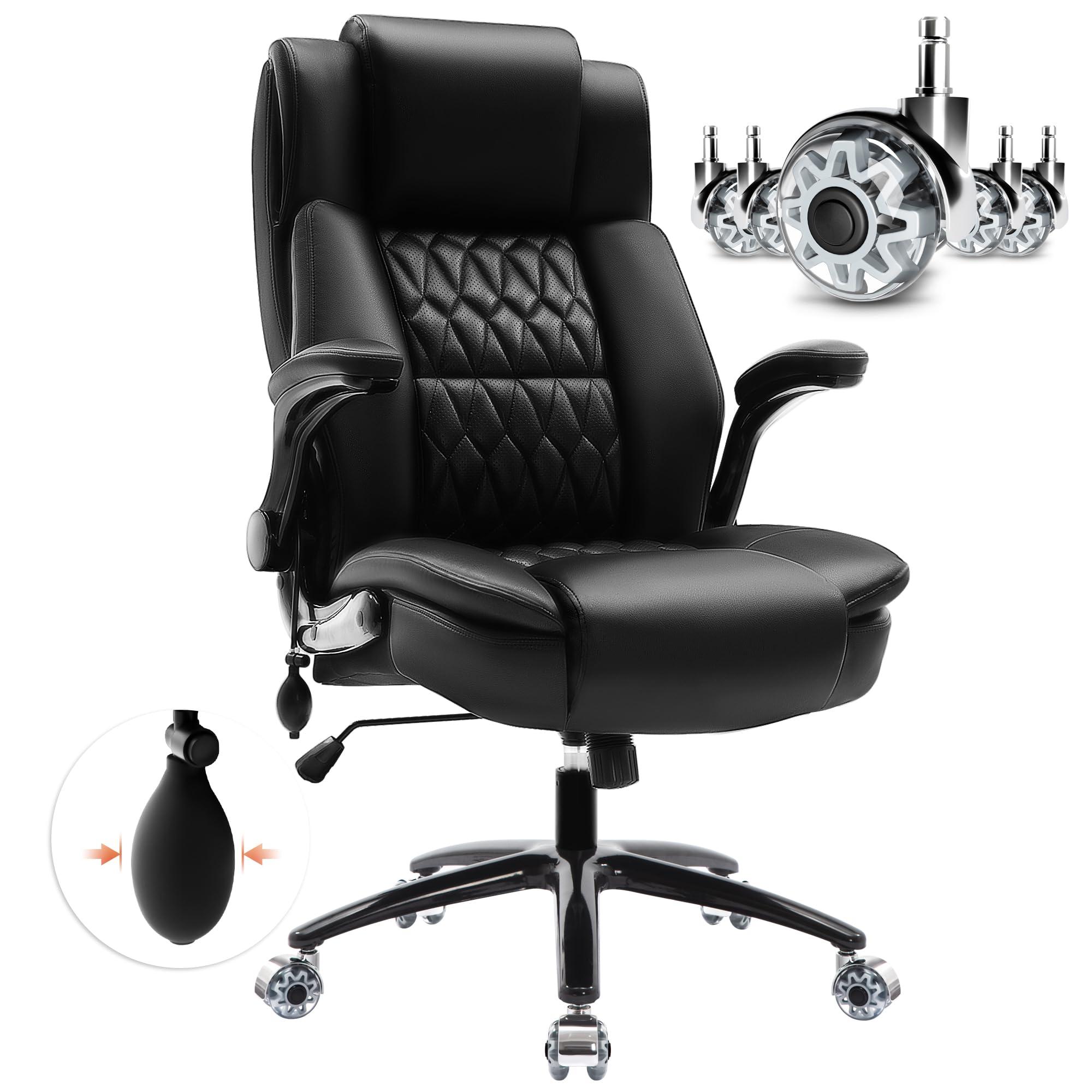 HAMAOKA Large High Back Office Chair - Adjustable Lumbar Support, Flip Up Arms, Heavy Duty Metal Base, Breathable Bonded Leather, 2 Storage Bags, Black