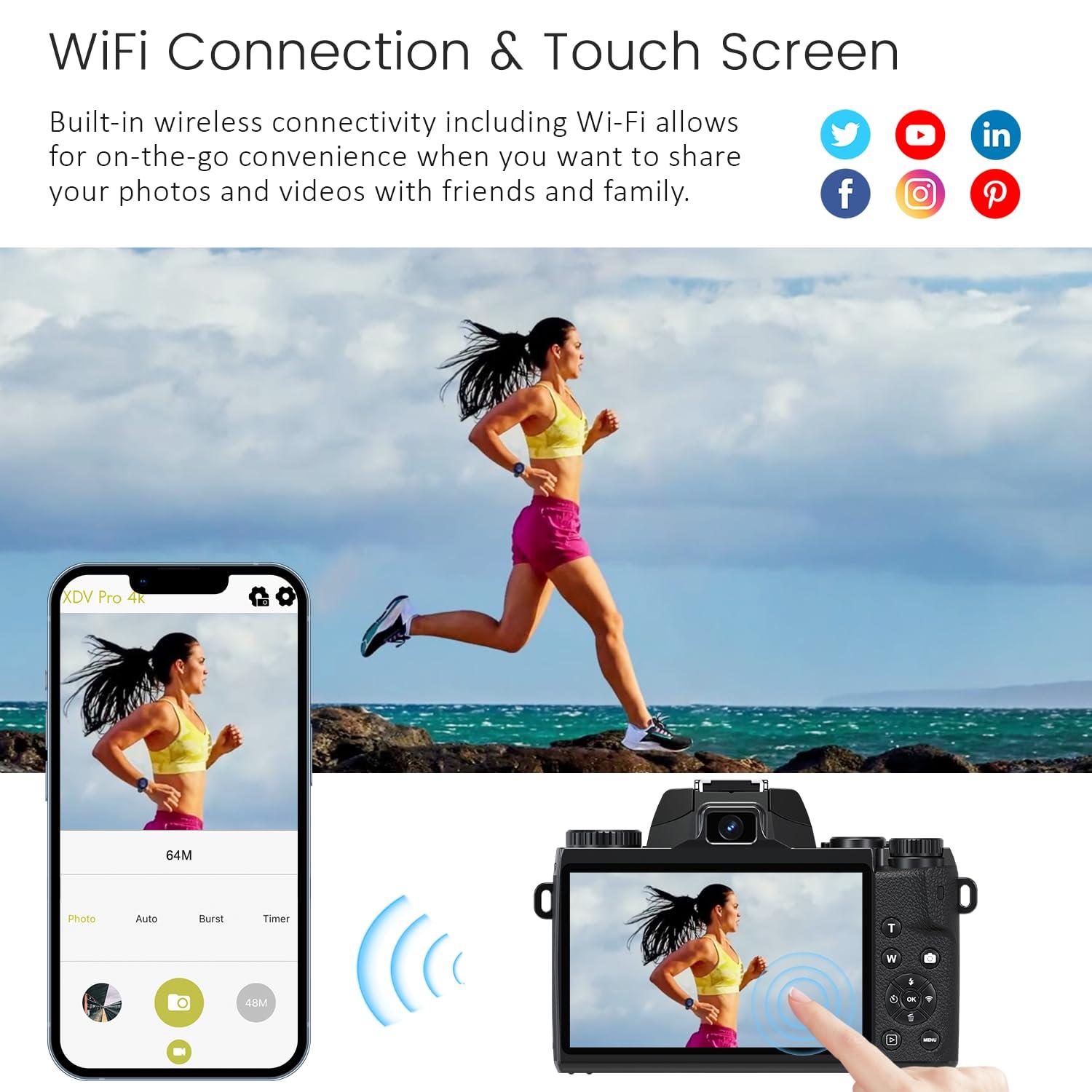 Saneen Digital Camera, 4k Cameras for Photography & Video, 64MP WiFi Touch Screen Vlogging Camera for YouTube with Flash, 32GB Card, Lens Hood, 3000mAH Battery, Front and Rear Cameras - Black - Image 4