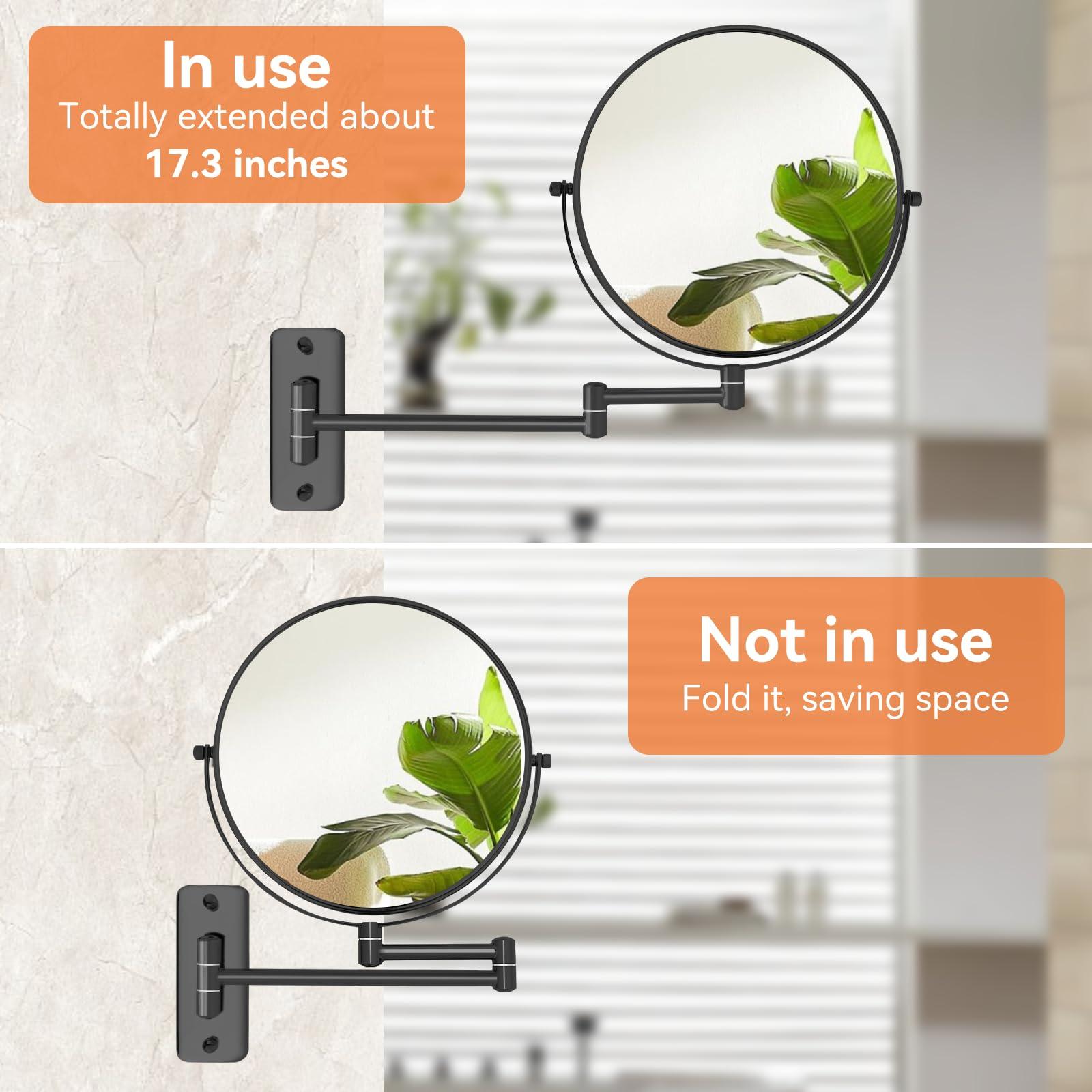 AumVum 8” Makeup Mirror Wall Mounted, 1X/10X Double-Sided Wall Mount Magnifying Bathroom Mirror with Extendable Arm, 360° Swivel Vanity Shaving Mirror for Bathroom and Makeup, Black (No Light - Image 6