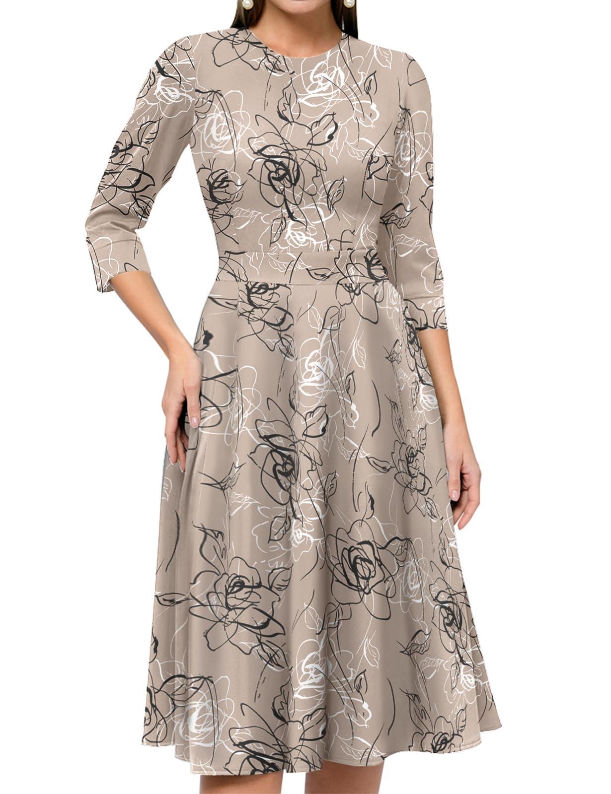 Simple Flavor Women's Floral Vintage Dress Elegant Midi Evening Dress 3/4 Sleeves - Image 4