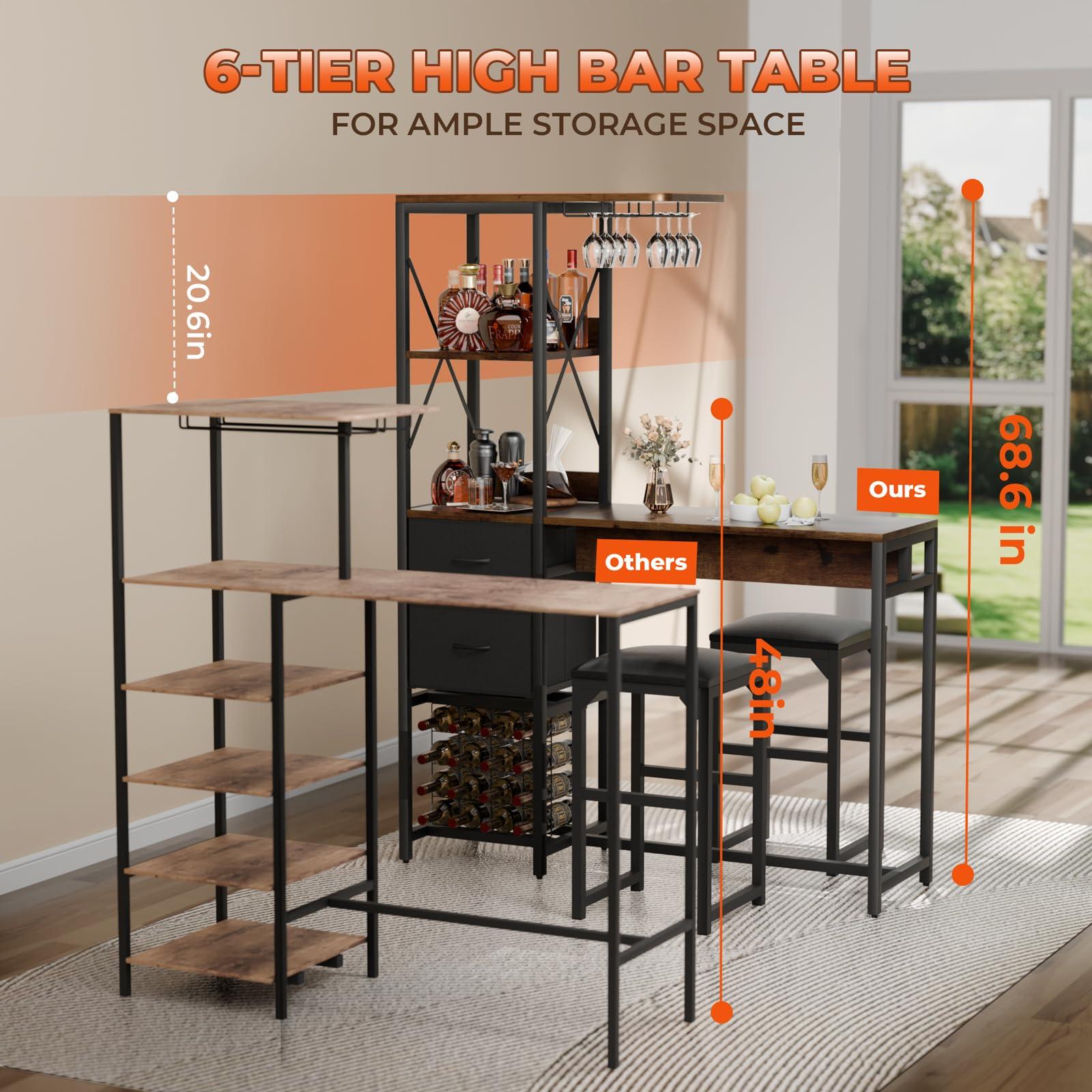 6-Tier Bar Table and Chairs Set, Metal Coffee Bar with Storage Shelves And 2 fabric Drawers, Dining Table Cup Holder & Wine Rack, Kitchen Table Set with PU Leather Cushion Stools for Small Space - Image 3