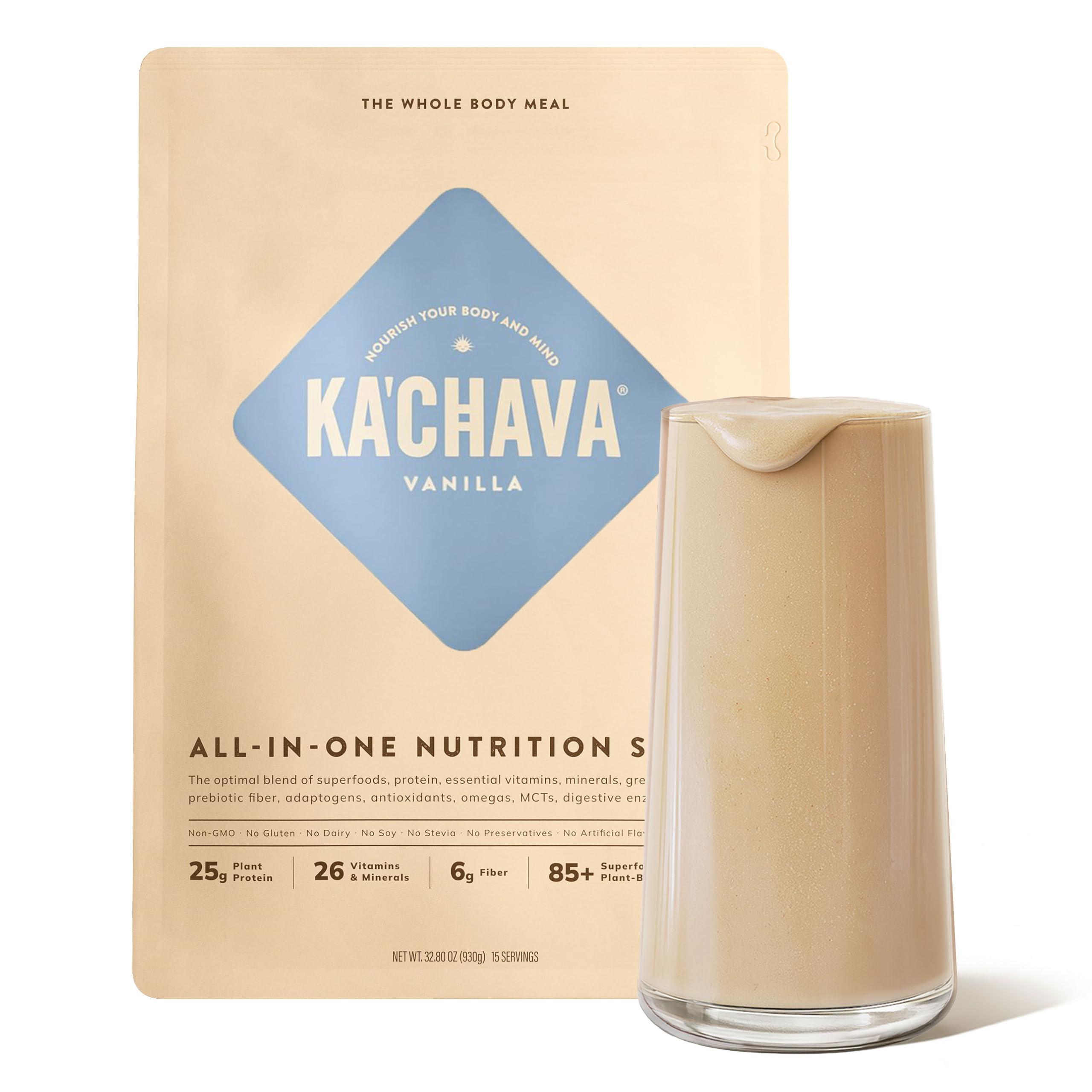 Ka’Chava All-In-One Nutrition Shake Blend, Vanilla, 15 Servings, 85+ Superfoods & Nutrients, Greens Plant-Based Superfood Powder Protein Drink, Digestive Enzymes & Probiotics, Vegan Dairy Gluten Free