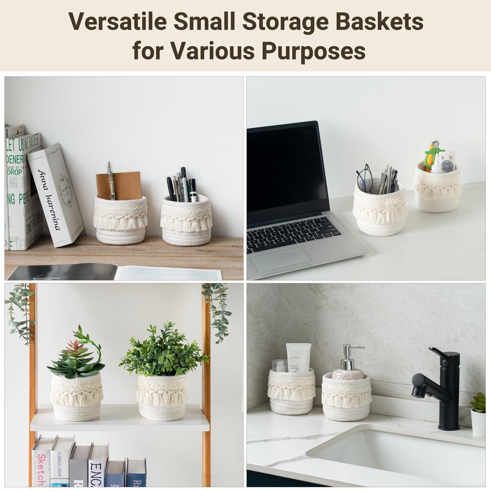 Mkono Macrame Makeup Brush Holder Organizer Comb Brushes Mini Storage Basket Set of 2 Boho Decor Baskets for Pen Pencil Box Container ,Ivory - Image 5