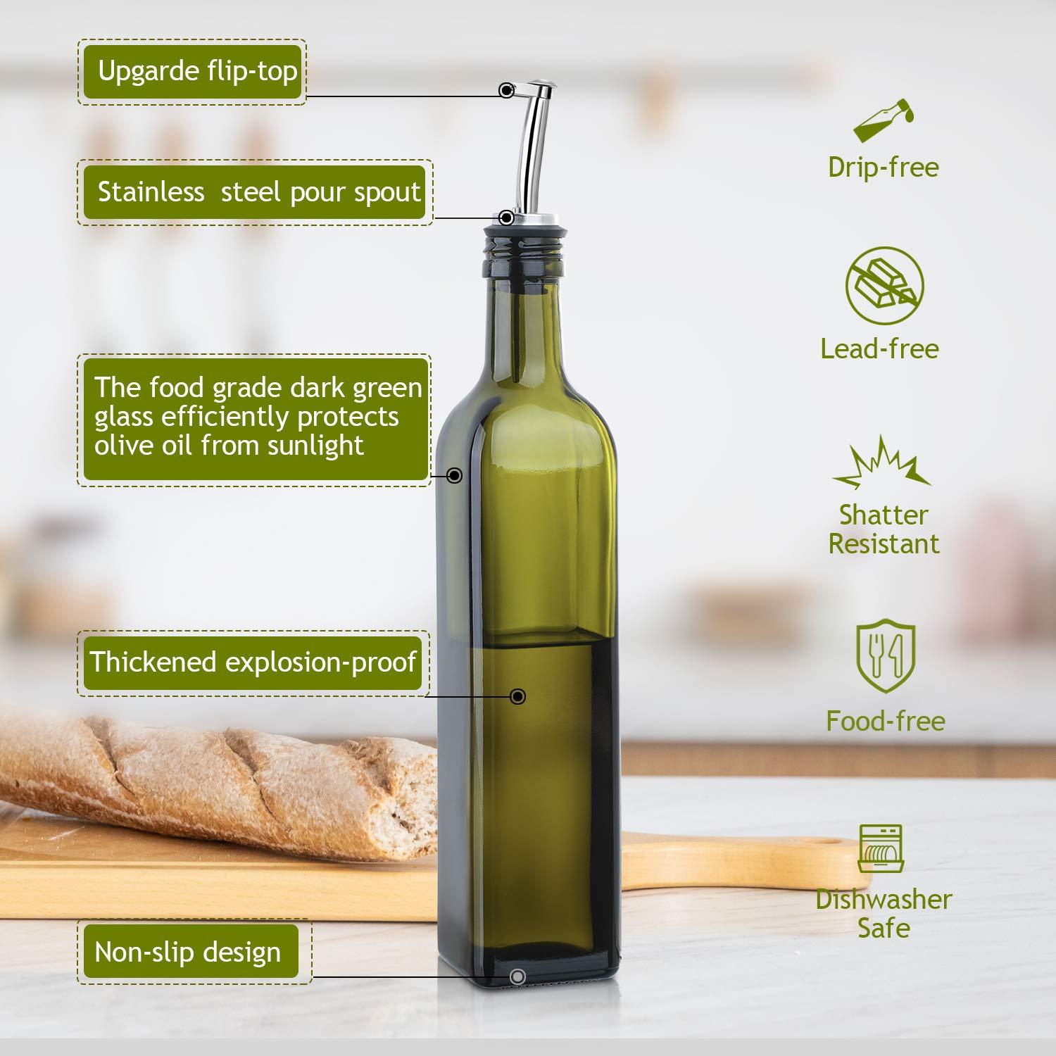 AOZITA 17oz Glass Olive Oil Bottle Dispenser - 500ml Green Oil and Vinegar Cruet with Pourers and Funnel - Olive Oil Carafe Decanter for Kitchen - Image 3