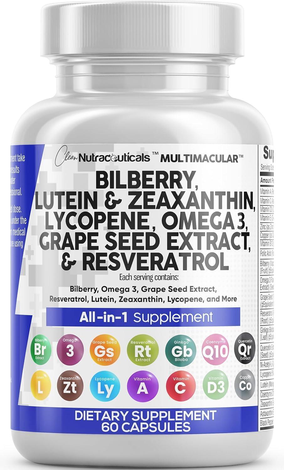 Clean Nutra Eye Vitamins with Bilberry Lutein and Zeaxanthin Supplements Lycopene 40mg Resveratrol Grape Seed Astaxanthin for Eyes - Eye Care Health Support Eye Vitamin and Mineral Supplement