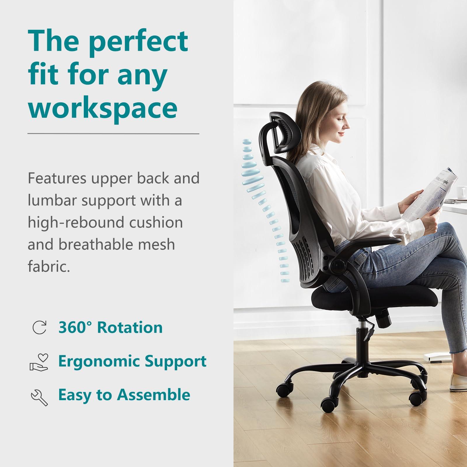 SMUG Home Office Desk Chair, Ergonomic Computer Managerial Executive Chairs High-Back Work Swivel Task Chairs with Wheels, Lumbar Support, Comfy Flip-up Armrest for Gaming, Study, Student, Black - Image 3