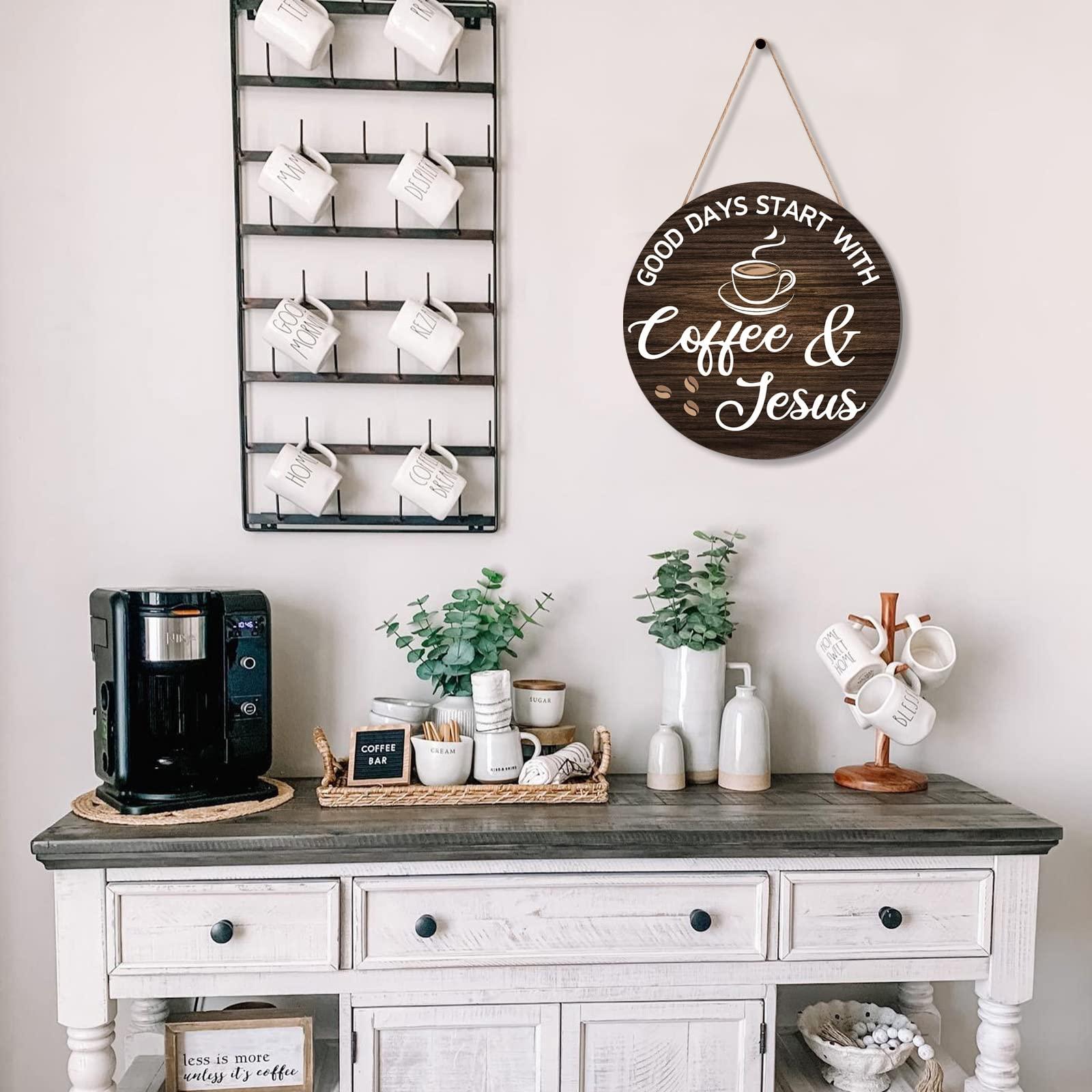 HMASYO Coffee Signs Decor for Coffee Bar, Good Days Start with Coffee & Jesus, Wood Farmhouse Wall Sign Coffee Bar Decor for Kitchen, Home, Office, Cafe, Coffee Station Housewarming Gift, 12'' x 12'' - Image 5