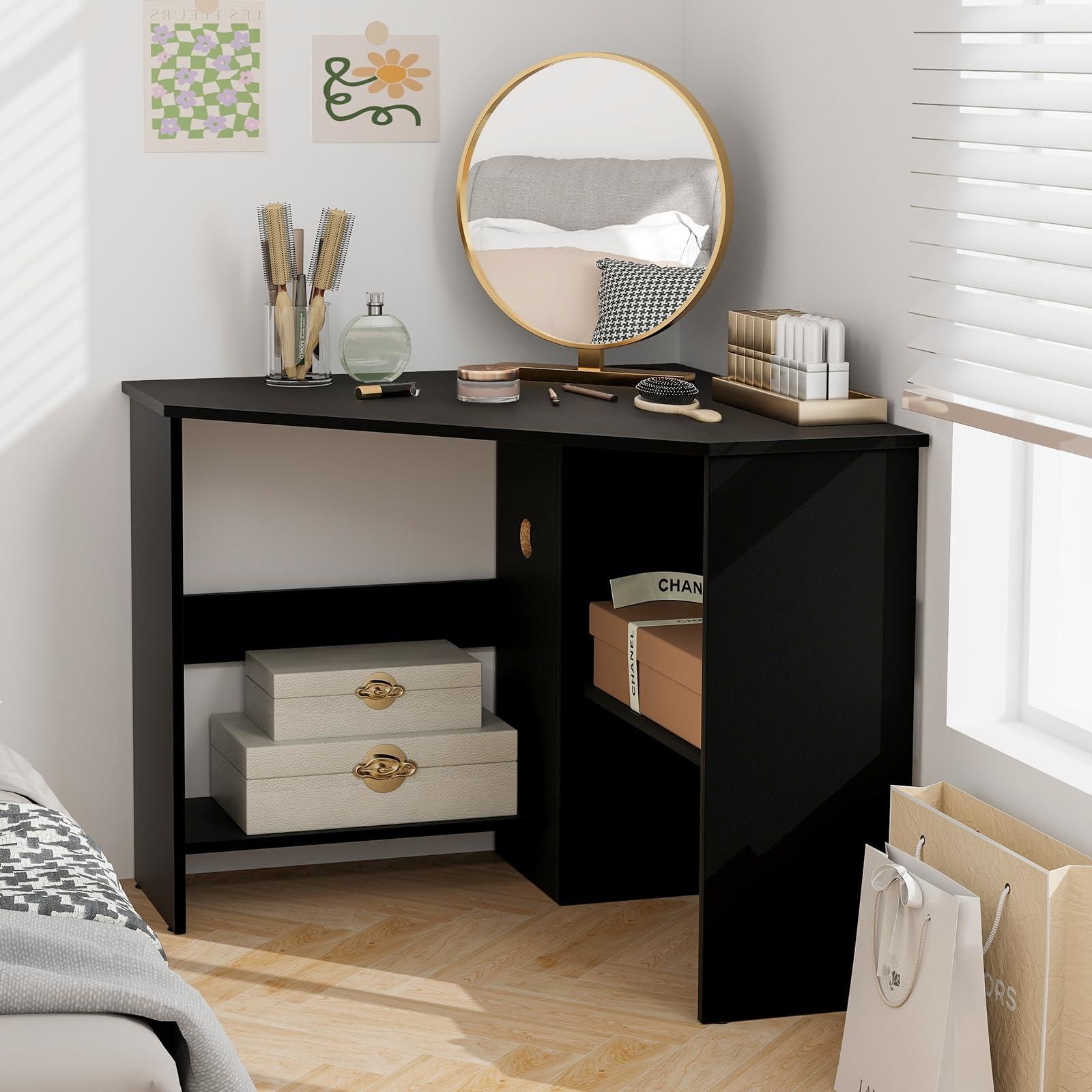 Tangkula Corner Desk, 90 Degrees Triangle Computer Desk for Small Space, Space Saving Bedroom Corner Makeup Vanity Desk with Storage Shelves & CPU Stand, - Image 4
