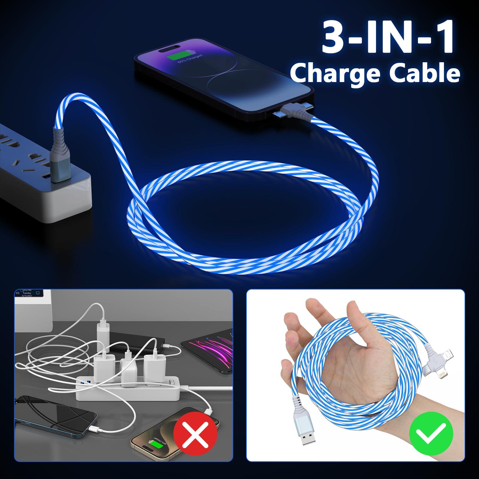 3-in-1 LED Light Up Flowing Multi iPhone Charger Cable,Lightning/Type C/Micro USB Car RGB Glowing Connector Cord for Apple iPhone 15/14/13/12/11 Pro Max/XR/XS/SE,iPad/Android/Samsung(6.6FT/2M Blue) - Image 6