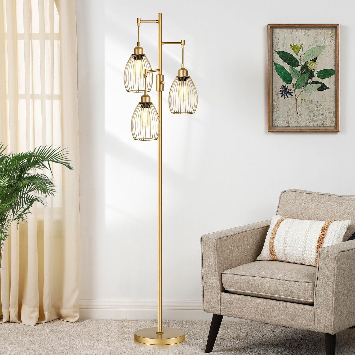 Dimmable Industrial Floor Lamps for Living Room, Gold Tree Standing Tall Lamps with 3 Elegant Teardrop Cage Head & 800 Lumens LED Bulbs for Bedroom Office - Image 7