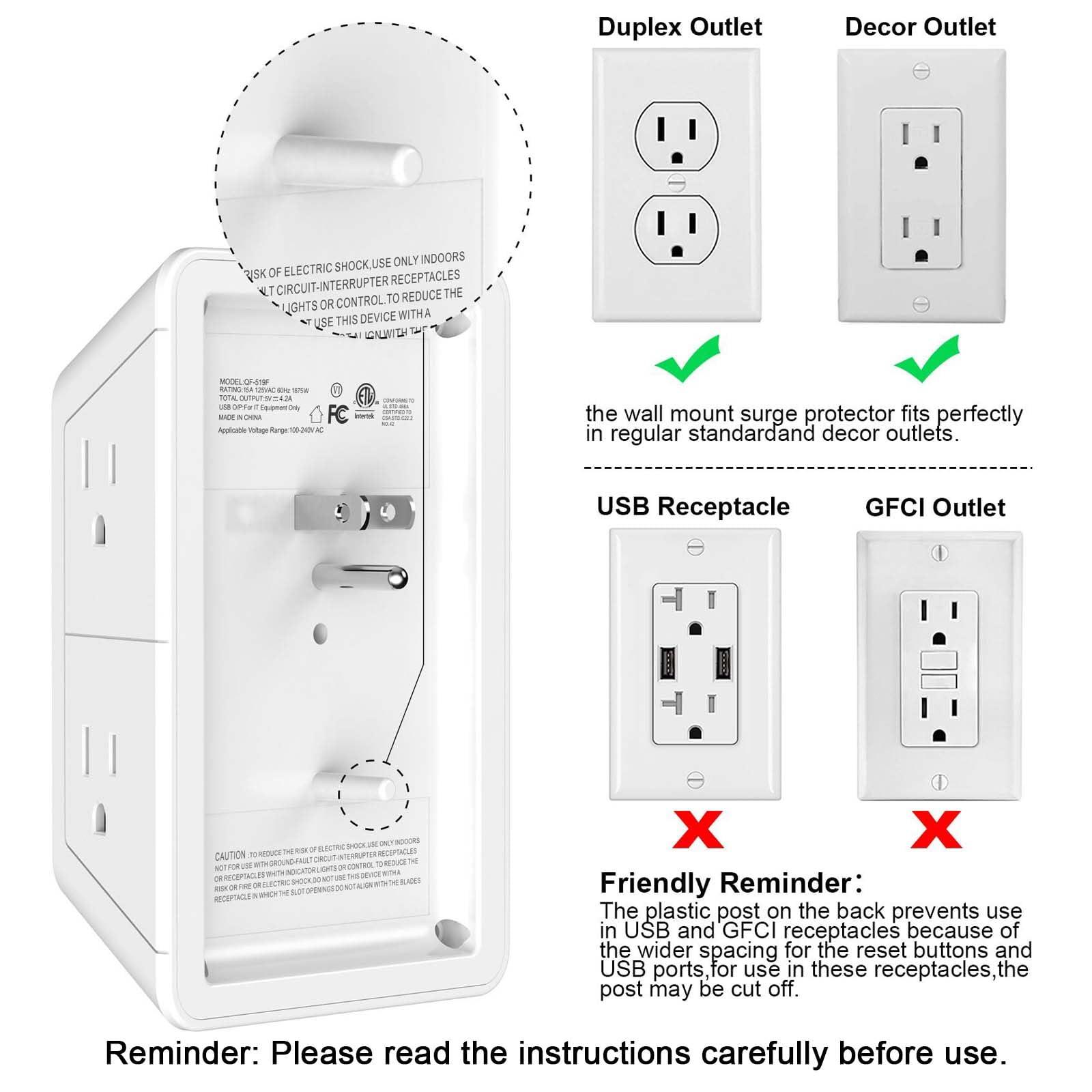 Lvetek 5 Outlet Extender Multi Plug Wall Outlets with 4 USB Charging Ports (1 USB C Outlet), 3 Sided 1680J Surge Protector Power Strip USB Wall Charger for Home, Office, Travel, ETL Listed, White - Image 7