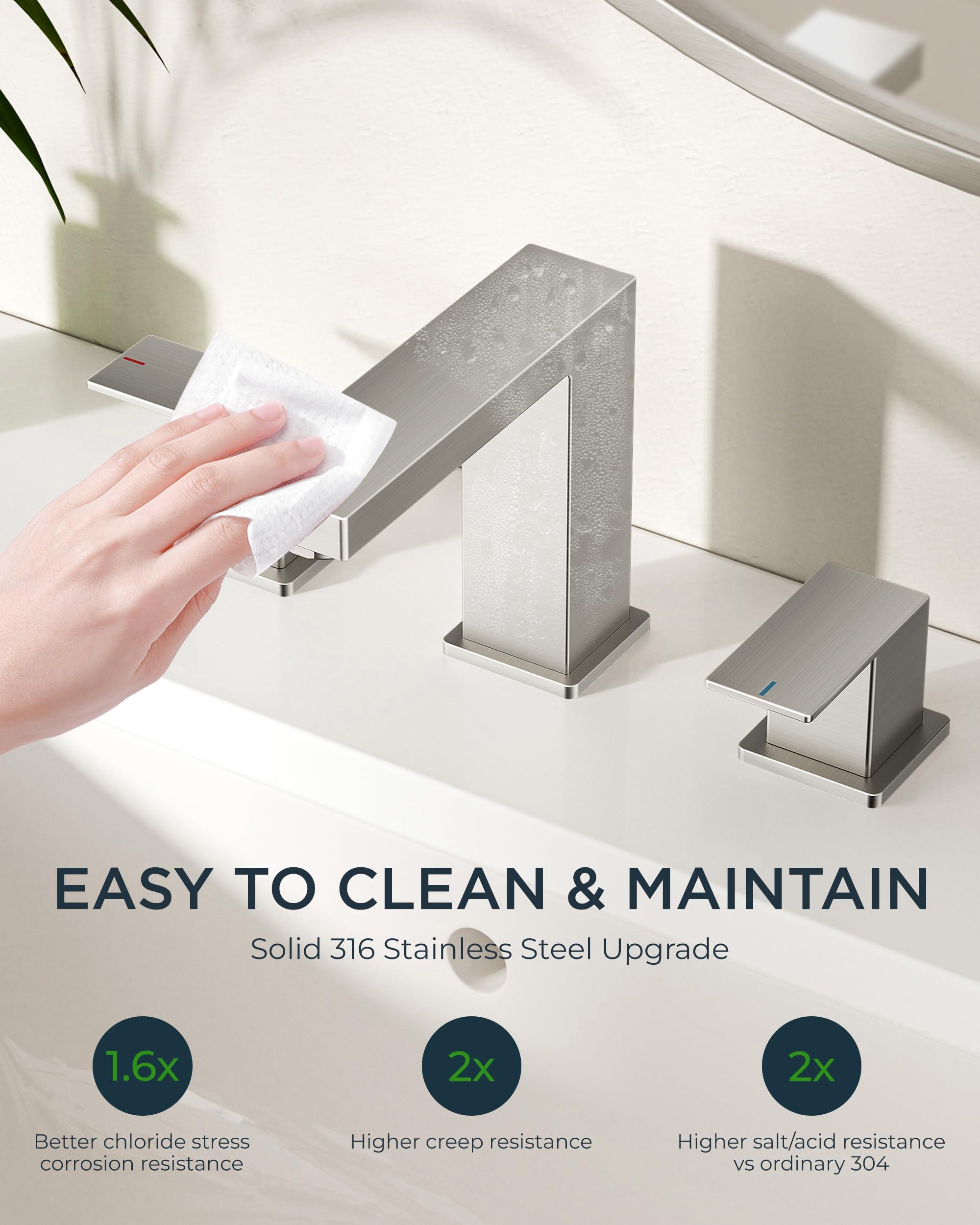 FORIOUS Brushed Nickel Bathroom Faucet for Sink 3 Hole 2 Handle, Stainless Steel Square 8" Widespread Bathroom Vanity Faucets Brushed Nickel 3 Hole with Metal Pop Up Drain, CUPC Water Hoses - Image 7