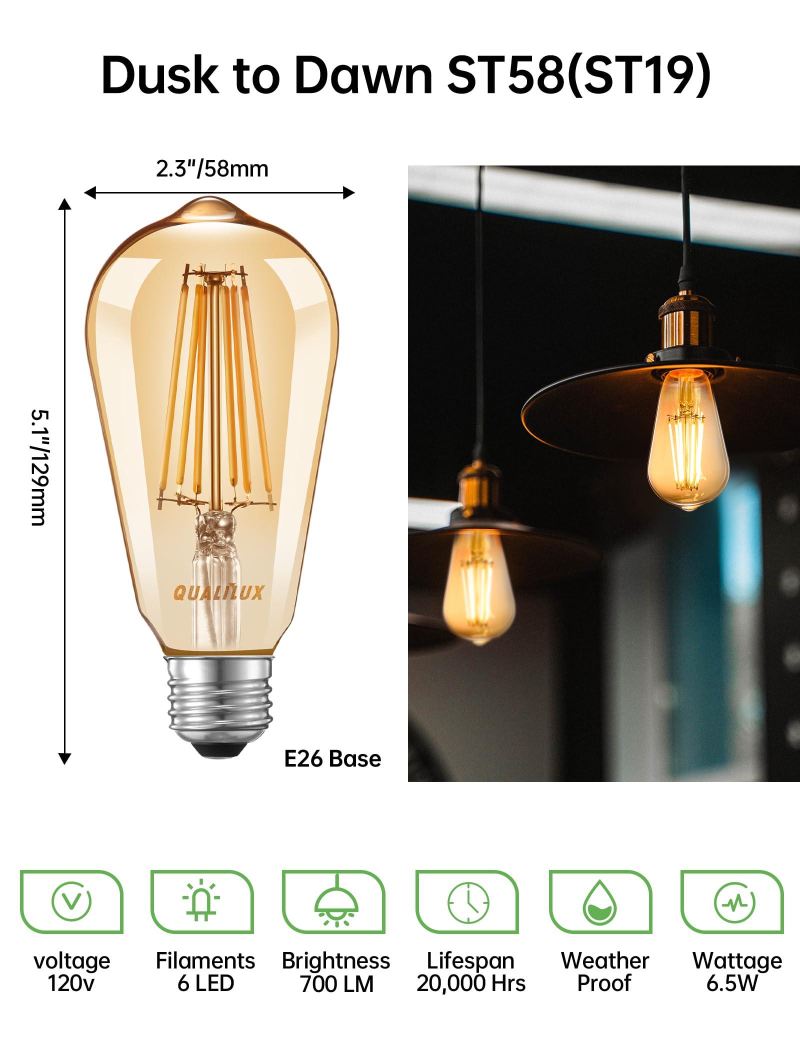 Qualilux Dusk to Dawn Edison Light Bulbs ST58(ST19), Vintage Amber Glass, 2300K Warm Light, 6.5W=60W, Auto On/Off Light Sensing LED Filament Bulb Outdoor, 700LM, Non-Dimmable, E26, 2-Pack, HQ-H027 - Image 5