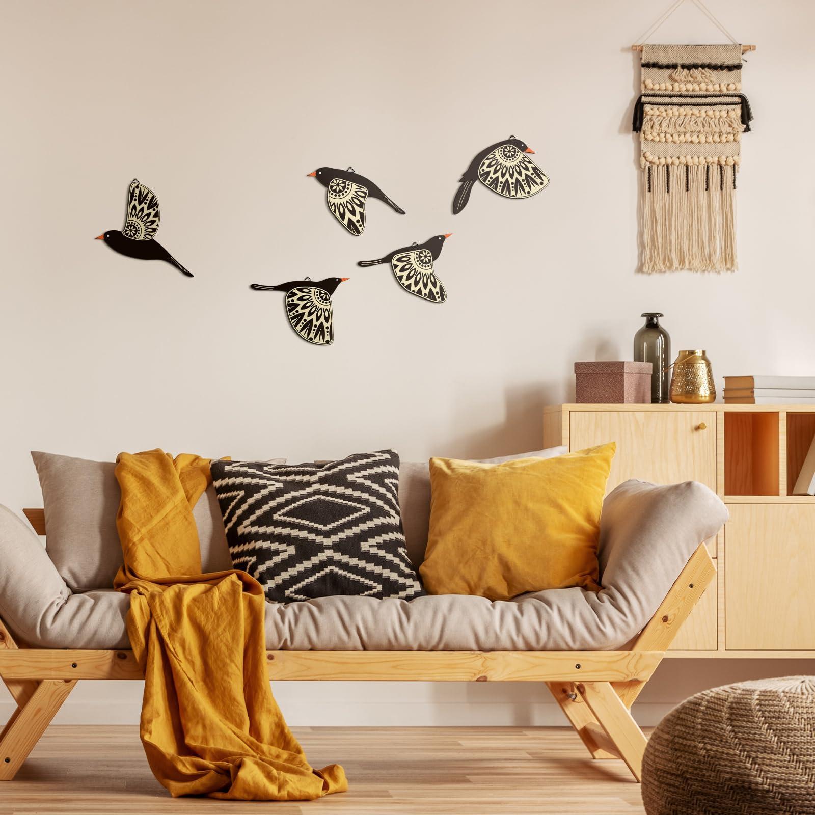 Barydat 5 Pcs Wooden Bird Wall Art Wood Flying Birds Wall Decor Rustic Folk Art Scandinavian Home Decor for Gift Living Room Bedroom Kitchen Office(Black) - Image 3