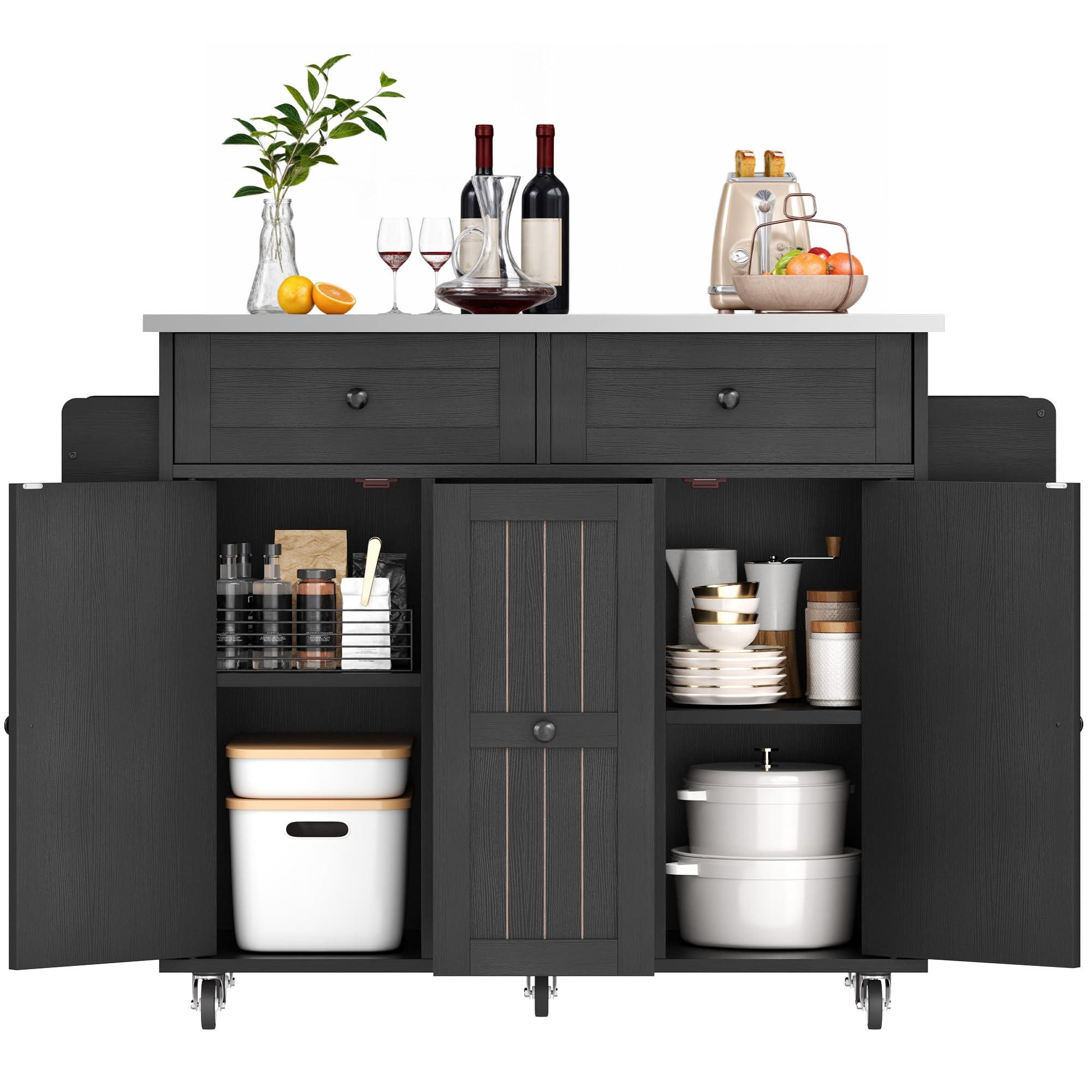 DWVO Kitchen Island on Wheels, Mobile Kitchen Island Cart with Folding Drop Leaf Breakfast Bar, Island Table for Kitchen with Large Storage Cabinets, Racks, Drawers and Adjustable Shelves, Black - Image 9