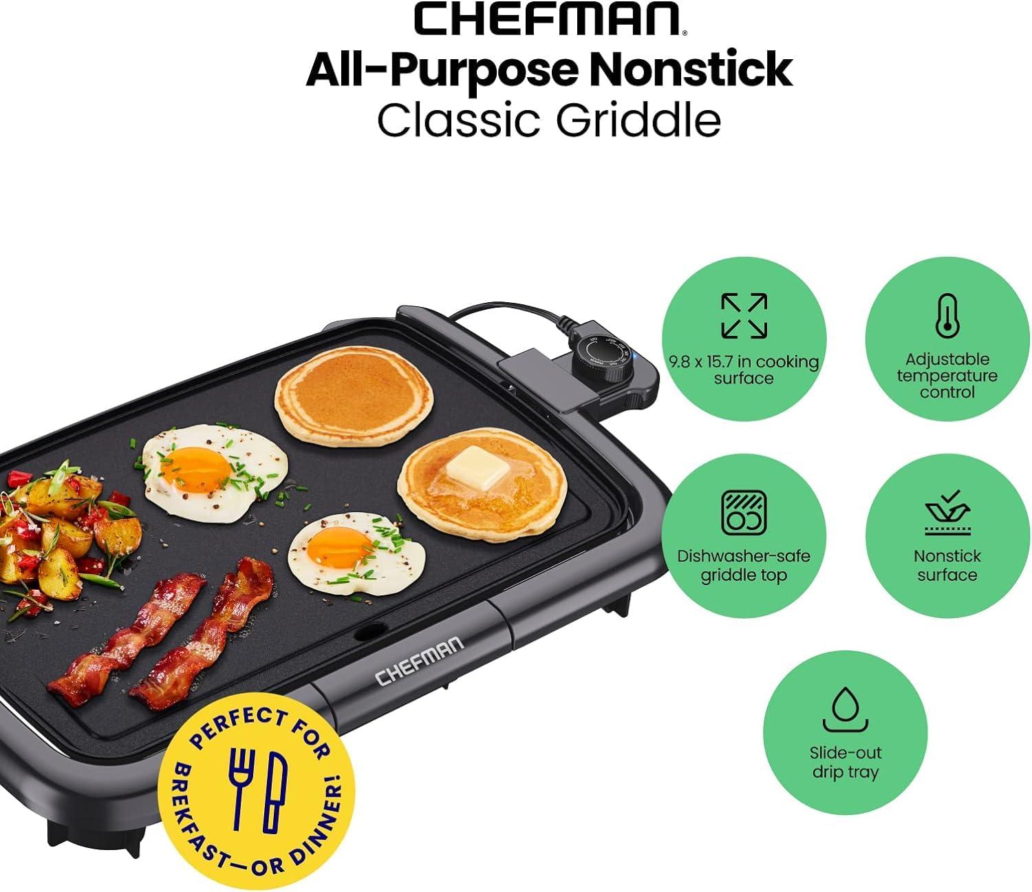 Chefman Electric Griddle with Removable Temperature Control, Immersible Flat Top Grill, Burger, Eggs, Pancake Griddle, Nonstick Easy Clean Cooking Surface, Slide Out Drip Tray, 10 x 16 Inch - Image 3