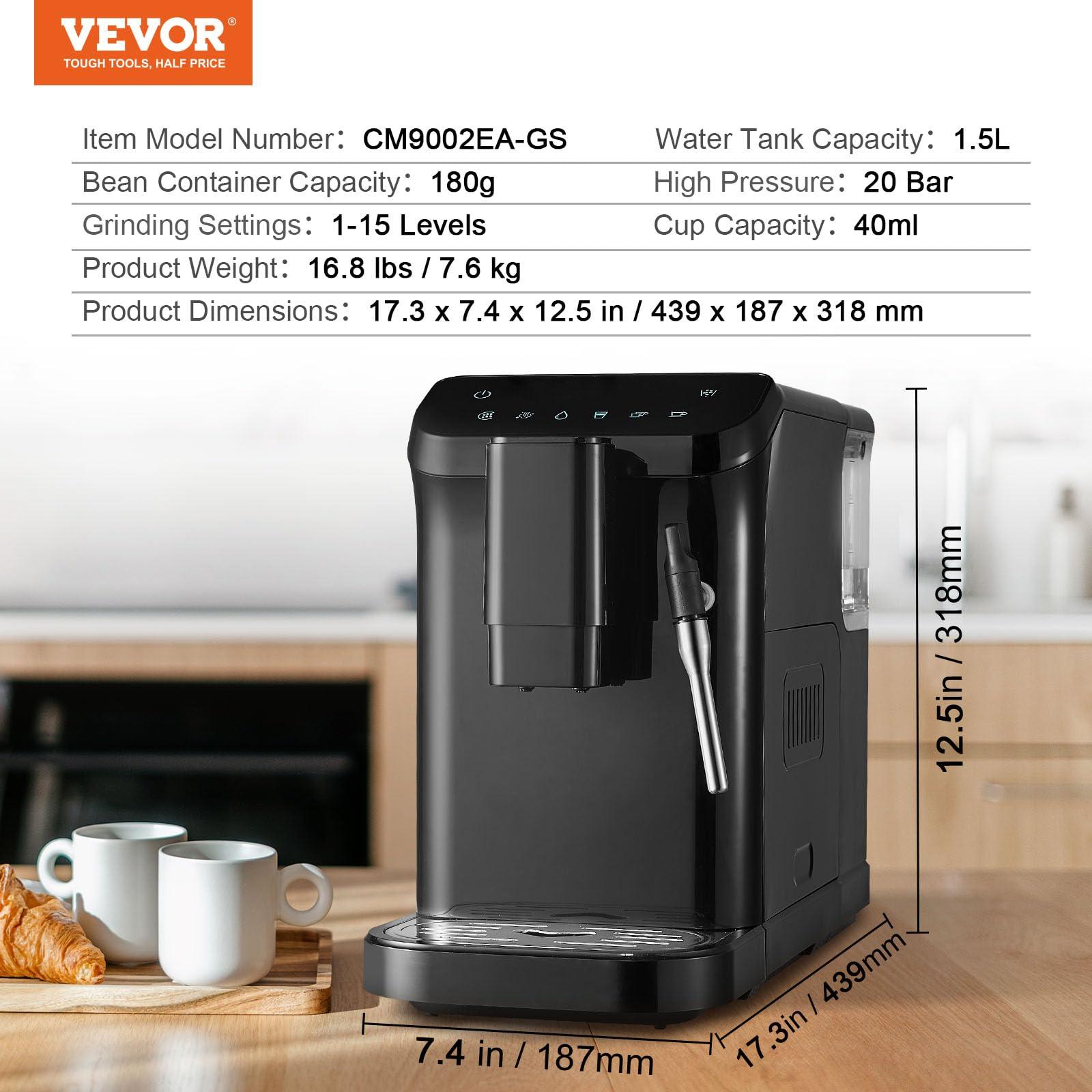 VEVOR Automatic Espresso Machine, 20 Bar Auto Coffee Machine with Frother Steam Wand, Built-In Grinder and 15-Level Grinding Settings, Professional Espresso Coffee Maker with 1.5L Water Tank - Image 3