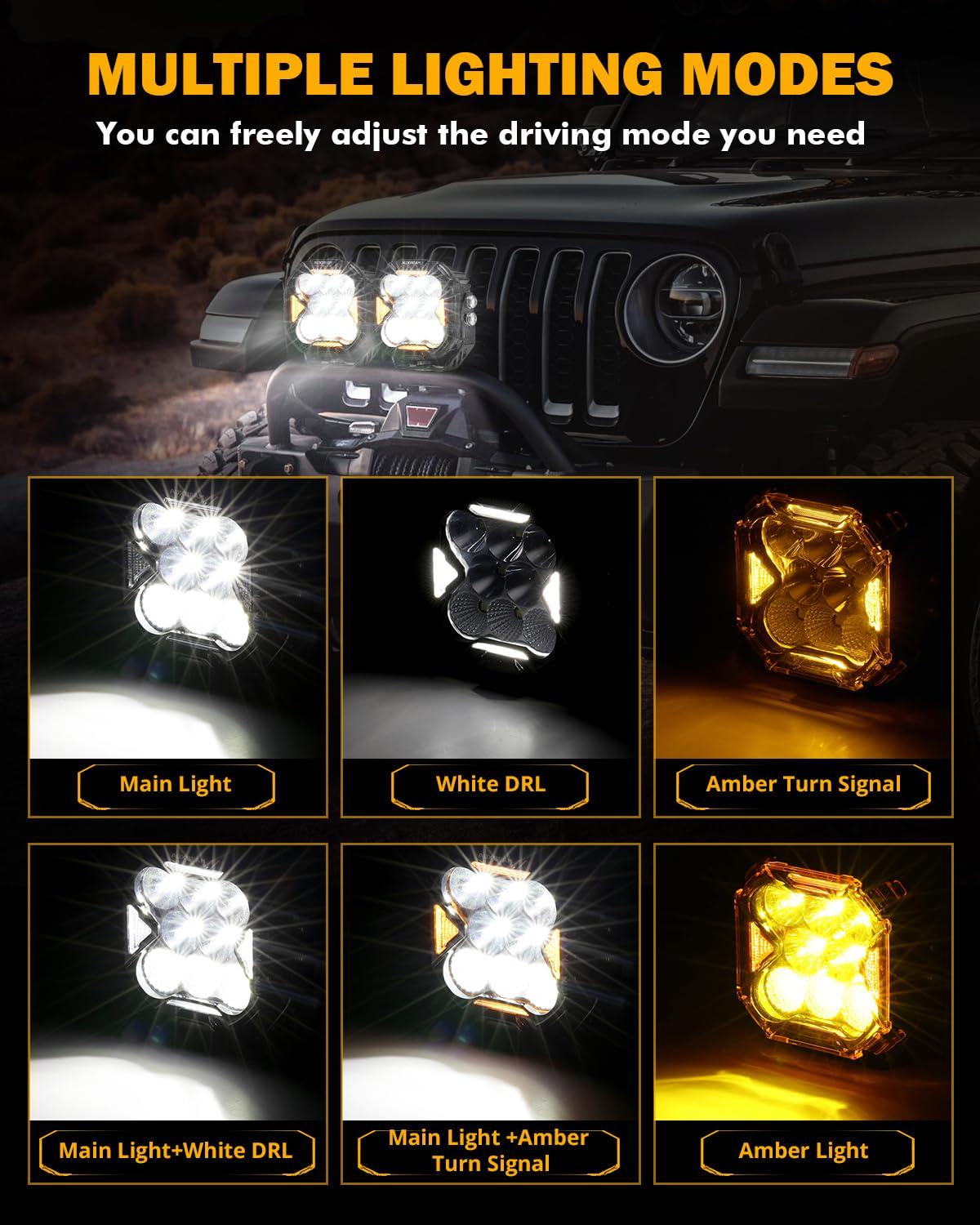 Auxbeam 4 Inch LED Driving Light, CUBE-Z Series 112W Cube Spot Flood Combo Beam with Amber Covers, 150° Ultra-Wide Offroad Pod Light 12800LM Hyper Bright with White DRL&Amber Turn Signal Light, Pair - Image 2