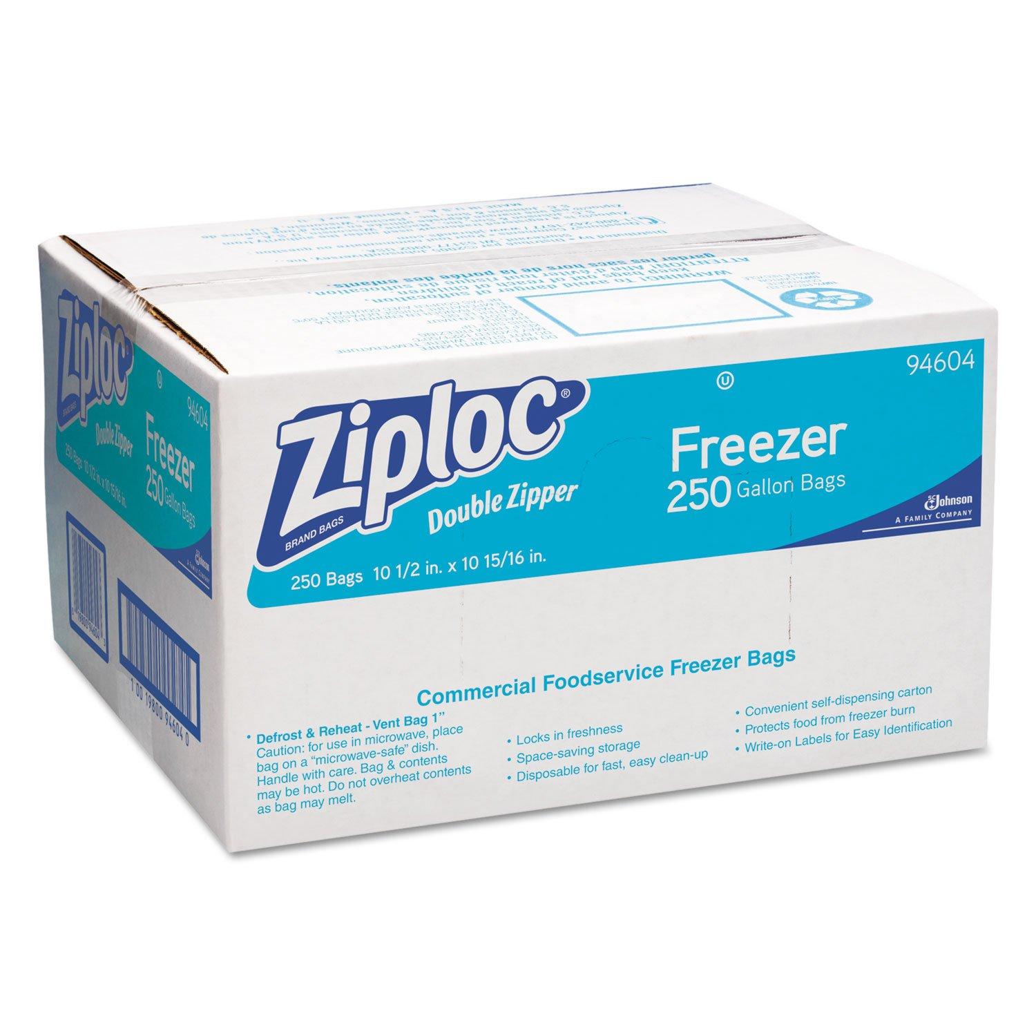 Ziploc 682258 Double-Zipper Freezer Bags, 1gal, 2.7mil, Clear w/Label Panel, 250/Carton