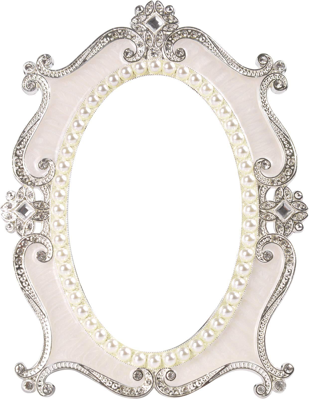 Nerien Decorative Tabletop Oval Mirror Vintage Metal Desktop Mirror with Stand Pearl Floral Frame Makeup Mirror Retro Cosmetic Mirror Countertop Dressing Mirror for Home, Bedroom Decor White-S
