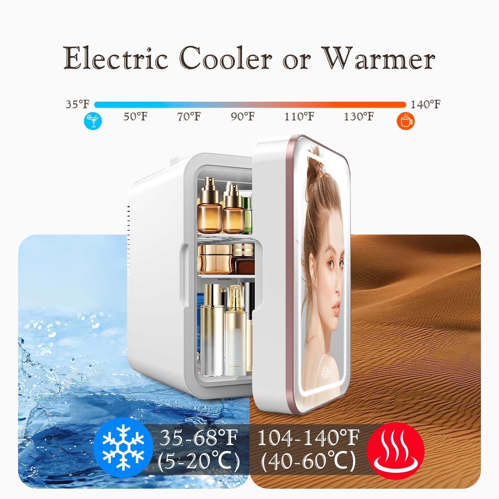 YLFU Skincare Fridge, 6L/10 Can Mini Fridge for Bedroom with Dimmable LED Mirror, Portable Cooler & Warmer Small Compact Refrigerator for Skincare, Cosmetics, Bedroom and Office, White - Image 5