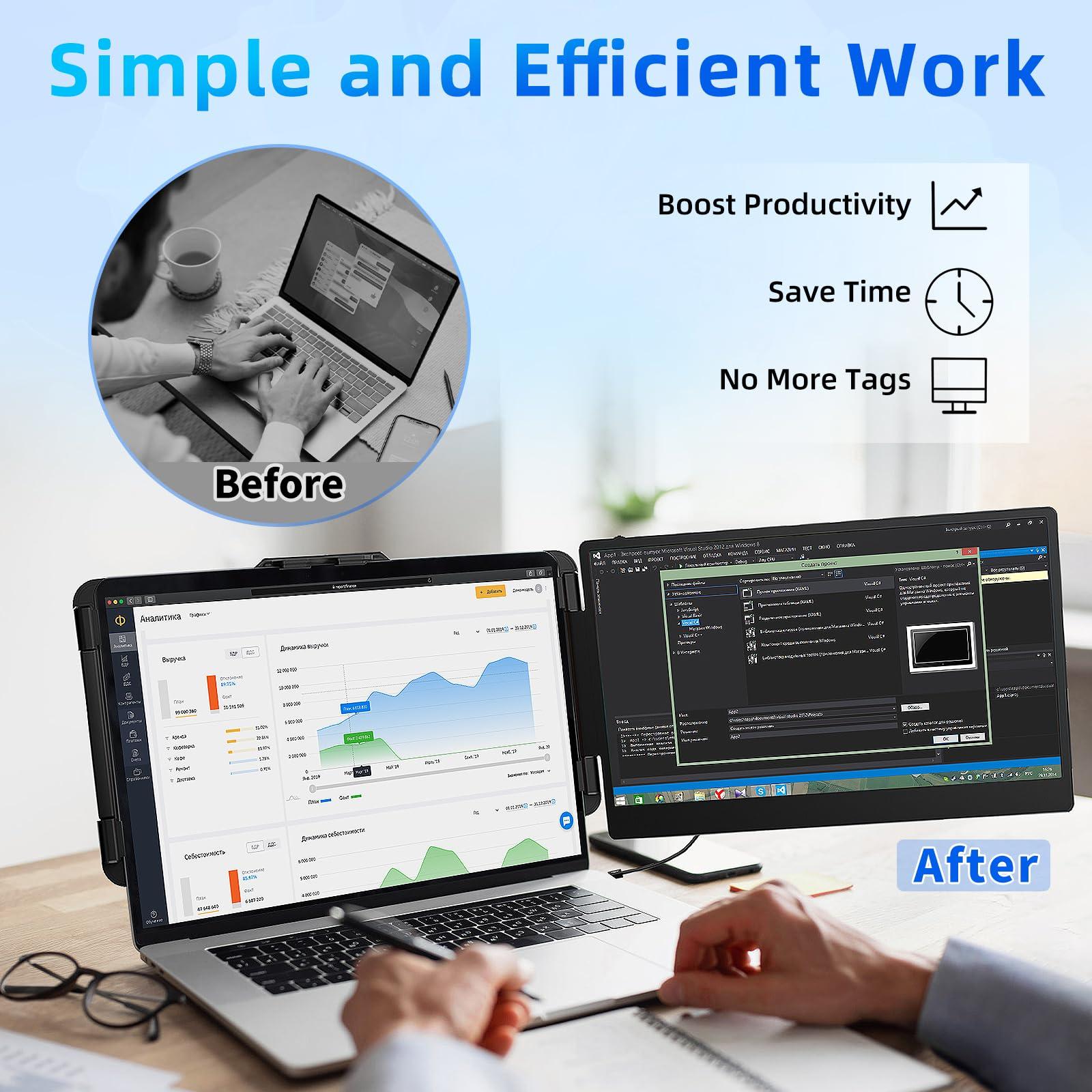 BKVOO Laptop Screen Extender Travel Monitor - 14" Dual Portable Monitor IPS FHD 1080P Travel Work Extra Screen Plug n Paly USB-C HDMI Port Compatible with Wins Mac Chrome Dex Fits 13-17" Laptops - Image 5