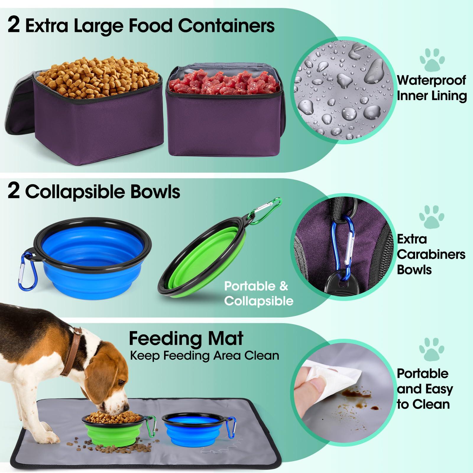IGOLUMON Dog Travel Bag Large Pet Travel Bags Set for Supplies Weekend Dog Travel Kit Tote Organizer Multi-Pockets Dog Food Travel Bag with 2 Large Food Containers, 2 Dog Bowls, 1 Feeding Mat, Purple - Image 7