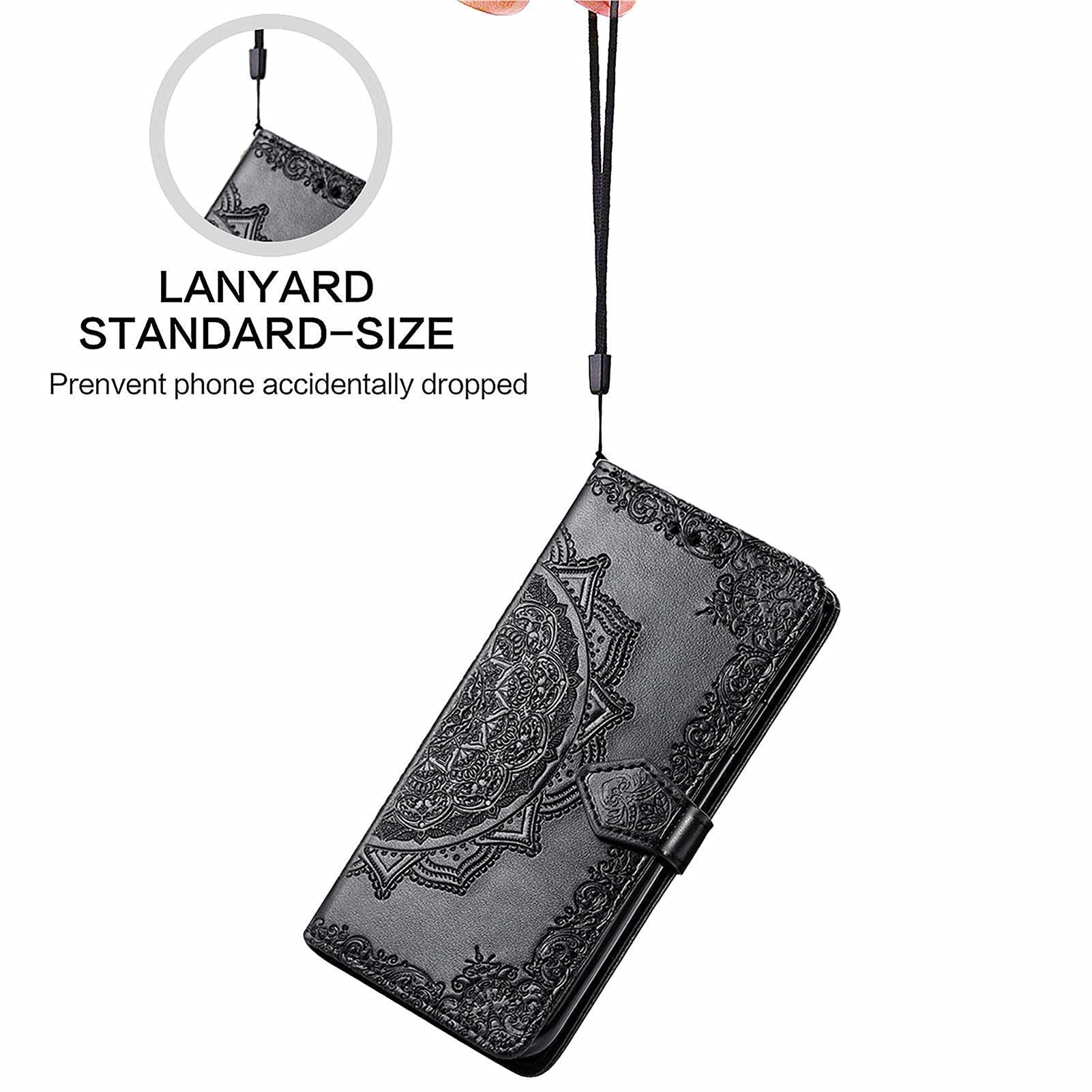 GuluGuru for iPhone 16 Pro Max Leather Phone Case, 3D Carved Relief Flower Lace Pattern Folio Flip Cover Kickstand, Floral Card Holder Cash Slot, Magnetic Clasp, Hand Wrist Strap - Image 5