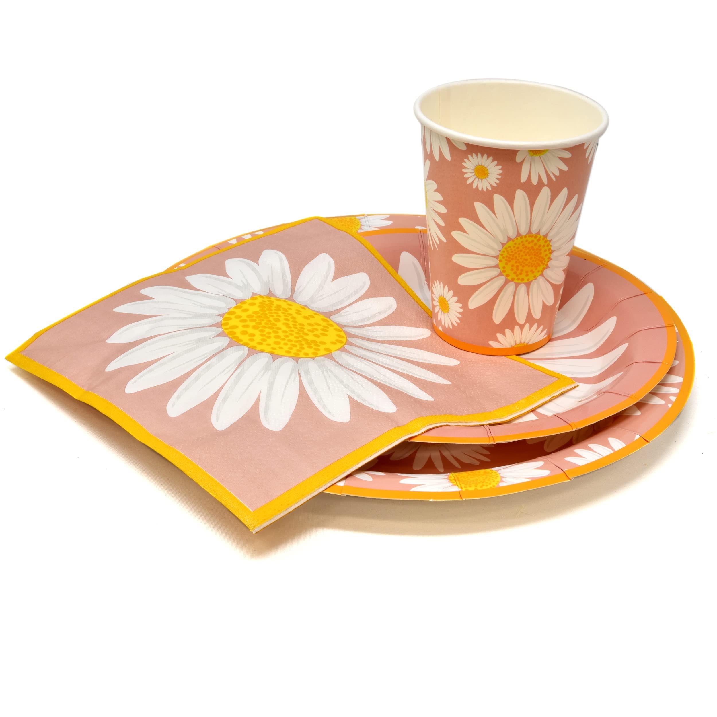 Gift Boutique Daisy Flower Party Supplies Tableware Set 9" 7" Paper Plates Cups Napkins Floral Summer Spring Groovy Birthday Disposable Dinnerware Serves 24 - Image 2