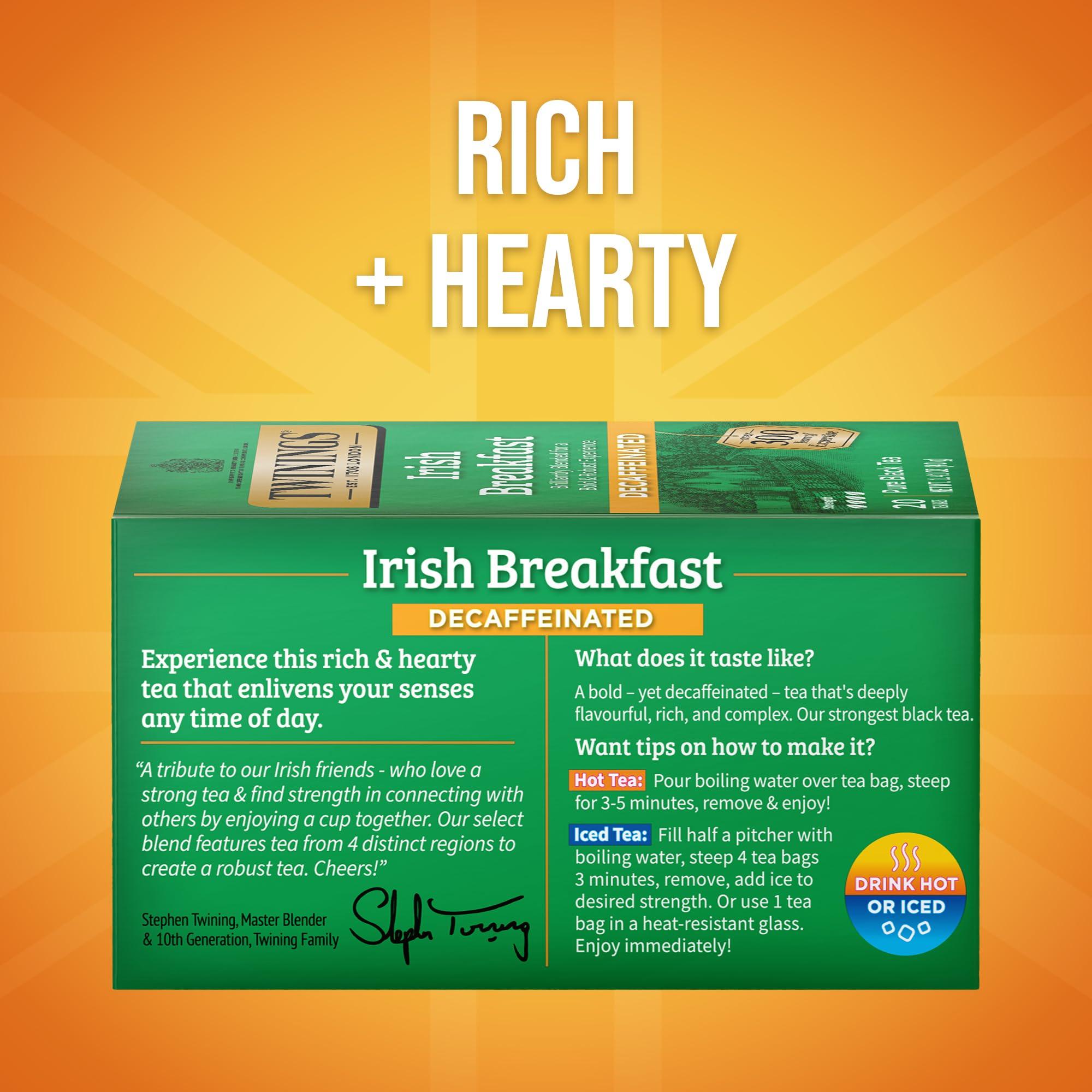 Twinings Decaffeinated Irish Breakfast Black Tea Individually Wrapped Bags, 20 Count (Pack of 1), 20 Teabags Per Box, Flavourful, Robust, Enjoy Hot or Iced - Image 2