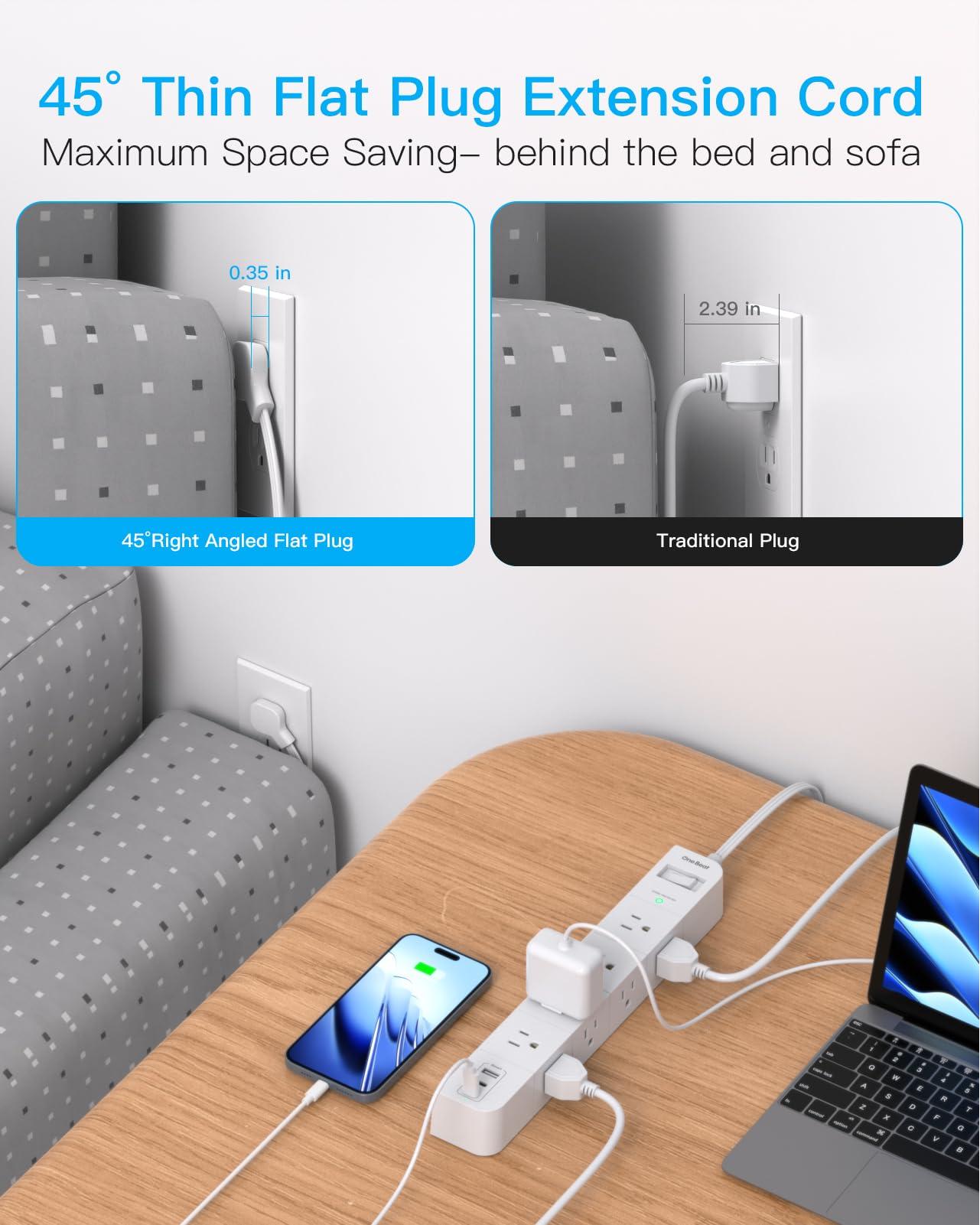 One Beat Extension Cord 15 ft,Surge Protector Power Strip with 8 Widely AC Outlets 3 USB(2 USBC),Flat Plug Power Strip,Desktop Charging Station with Overload Protection for Home,Office,Dorm,ETL Listed - Image 7