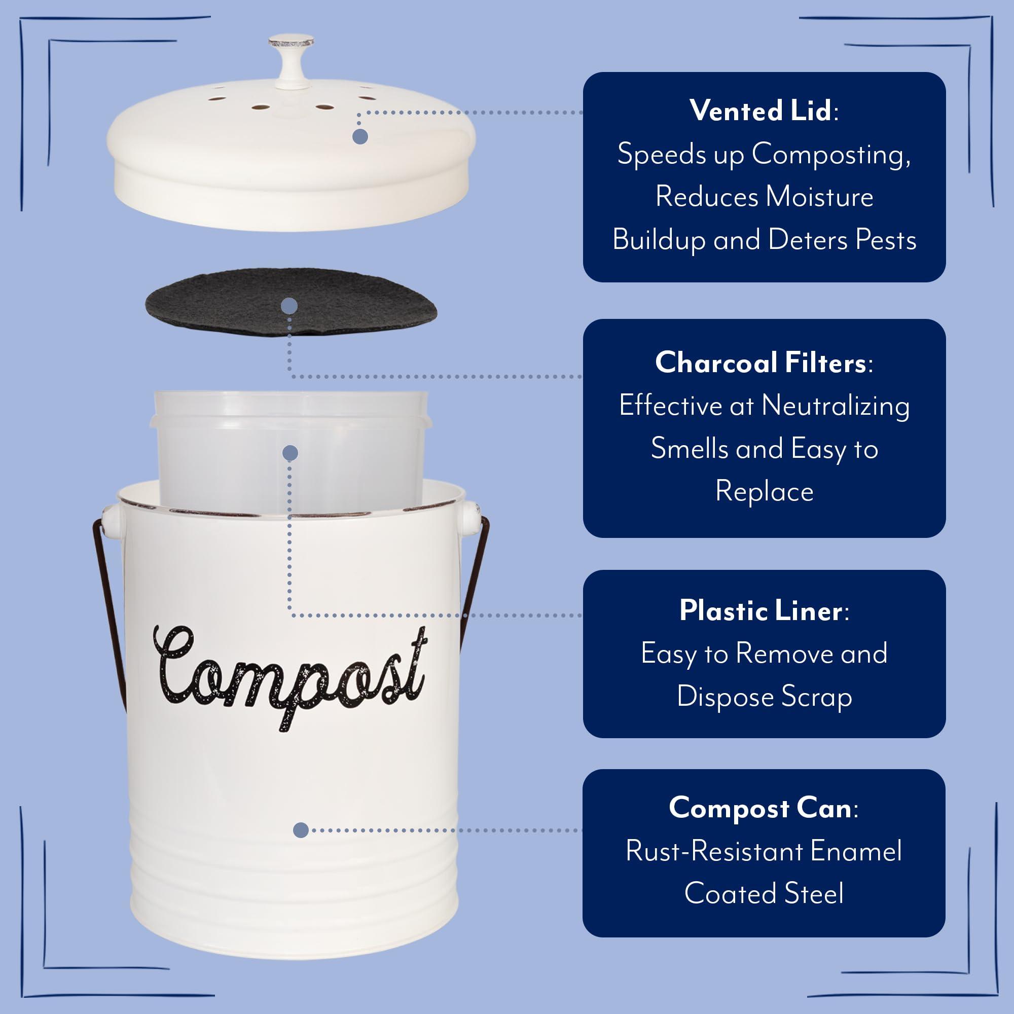 AuldHome Design Kitchen Compost Bin for Countertop | 1.3 Gallon Composting Bucket with Lid | Includes 3 Charcoal Filters | (White Enamel) - Image 4