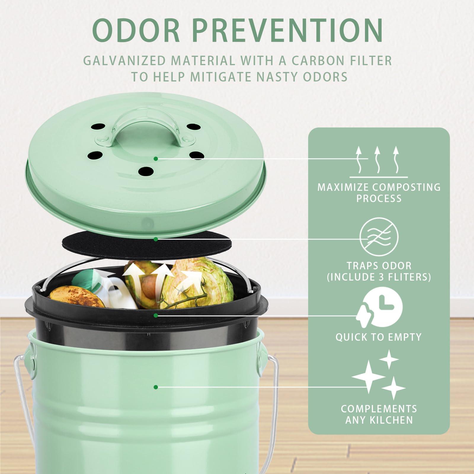 Vipush Kitchen Countertop Compost Bin with lid – Small, Includes Inner Compost Bucket Liner & Charcoal Filter, Green - Image 4