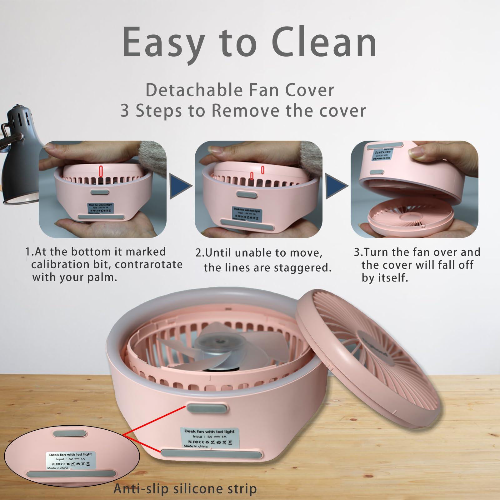 Digibond Pink Desk Fan, Small Quiet with Ambient Light/Hook Portable USB Fan 5.3in High Power 3000mAH Rechargeable Battery Operate 3 Speed 180°Rotated Easy Clean - Image 6
